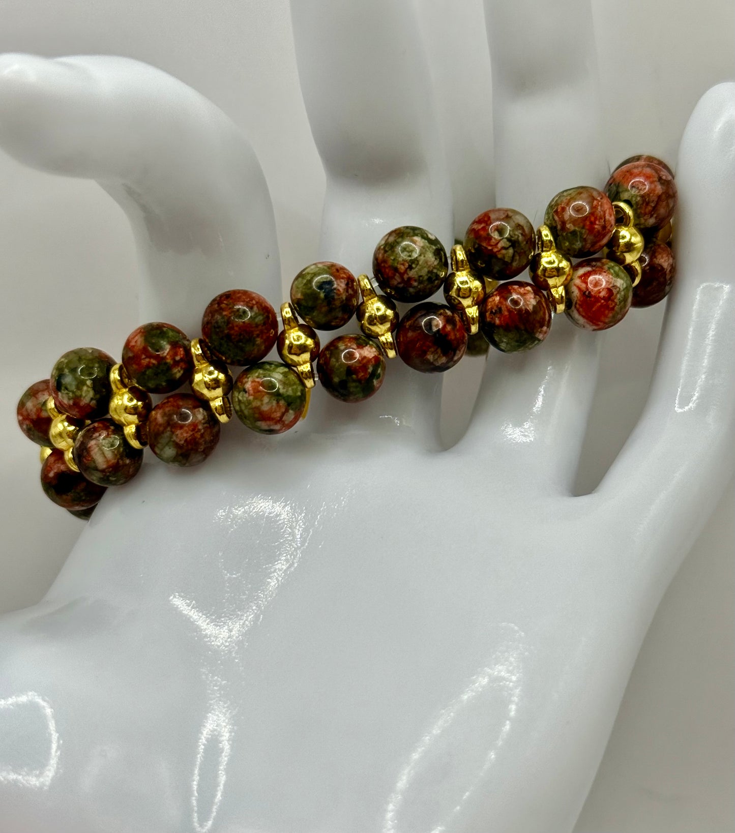 7” Unakite Gemstone Stretch Bracelet with Gold Accents | Free Resizing | Earthy Boho Jewelry
