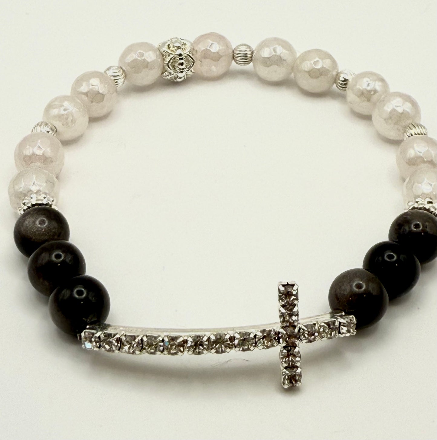Rose Quartz & Amethyst Cross Stretch Bracelet 7.5"