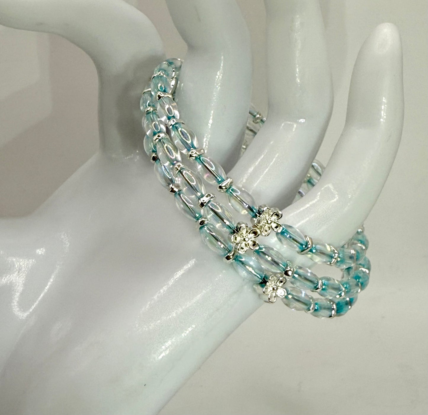 Iridescent Glass Wrap Bracelet – Triple Layer Beaded Bracelet with Silver Accents, Adjustable Size, Handmade Jewelry Gift for Her