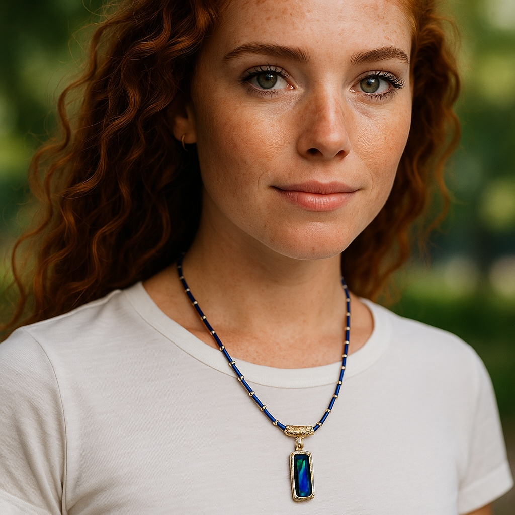 22” Blue Beaded Pendant Necklace with Green & Blue Rectangle Crystal | Handmade Boho Jewelry | Statement Necklace Gift for Her