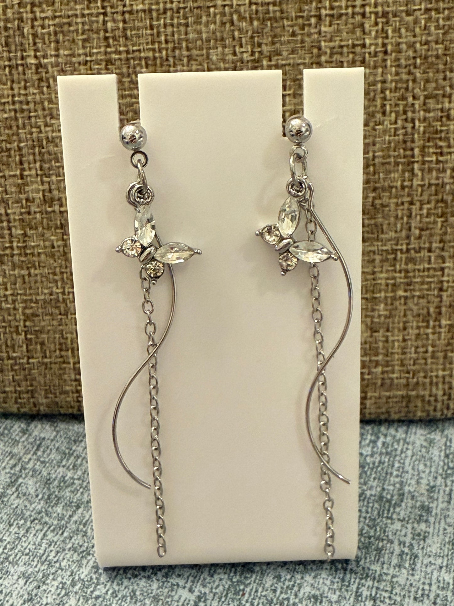 Crystal Butterfly Dangle Earrings – Long Silver Chain Drop Earrings – Elegant Statement Jewelry Gift for Her