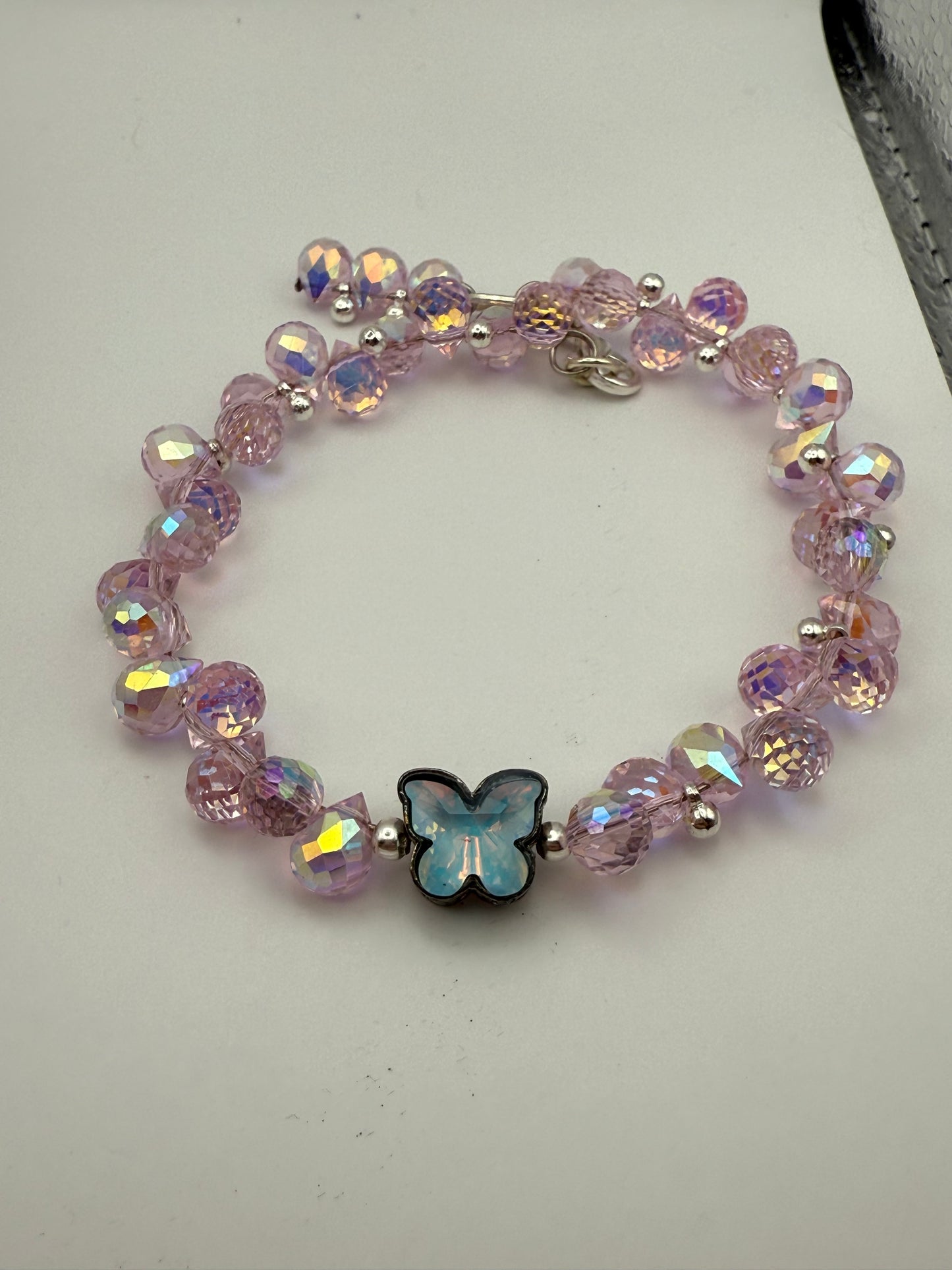 Pink Faceted Disco Cut Bracelet with Butterfly Focal 7.75"-8"