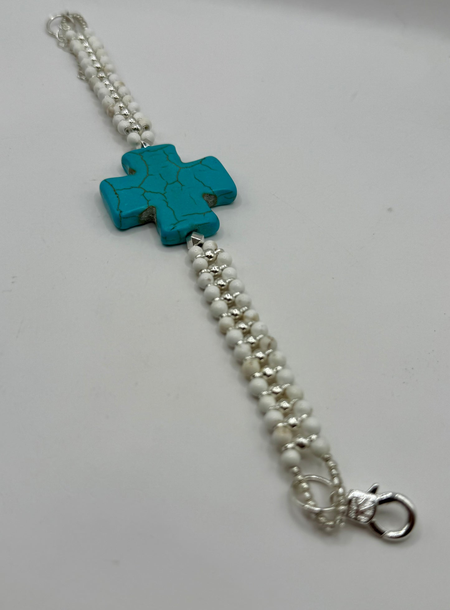 Turquoise Howlite Cross Bracelet | 7.75” White & Silver Beaded Bracelet | Handmade Southwest Style Jewelry | Turquoise Statement Bracelet