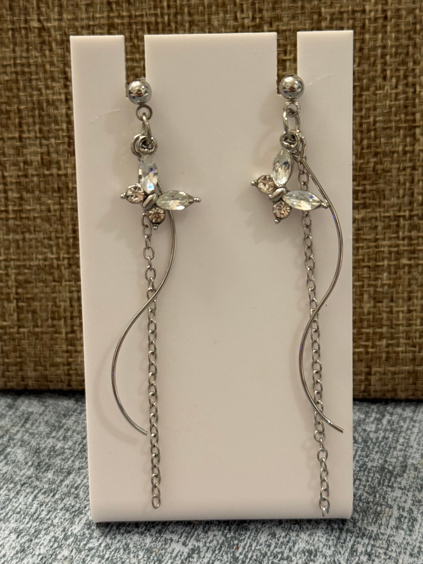 Crystal Butterfly Dangle Earrings – Long Silver Chain Drop Earrings – Elegant Statement Jewelry Gift for Her