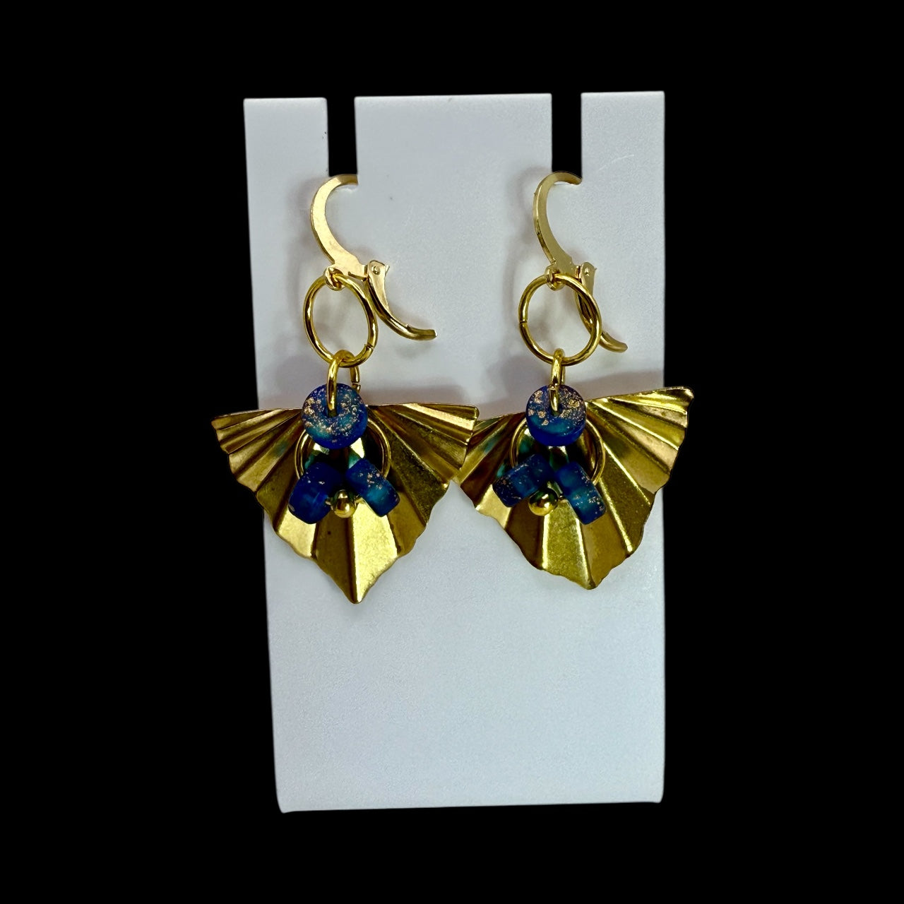 Gold Fan Drop Earrings with Blue Bead Accents | Lightweight Statement Earrings
