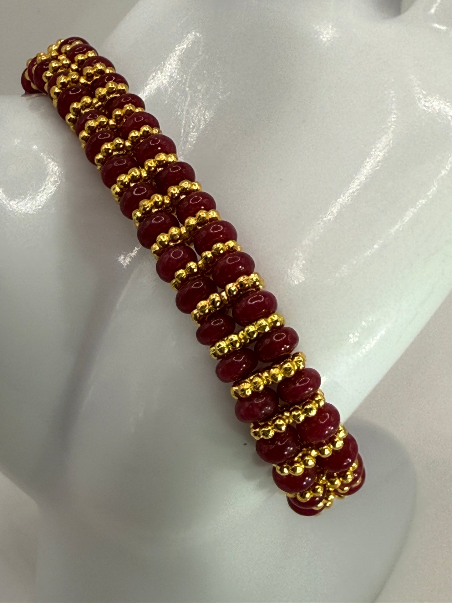 Cherry Quartz & Gold Beaded Bracelet – 7.75” Adjustable Clasp – Handmade Gemstone Jewelry – Free Resizing