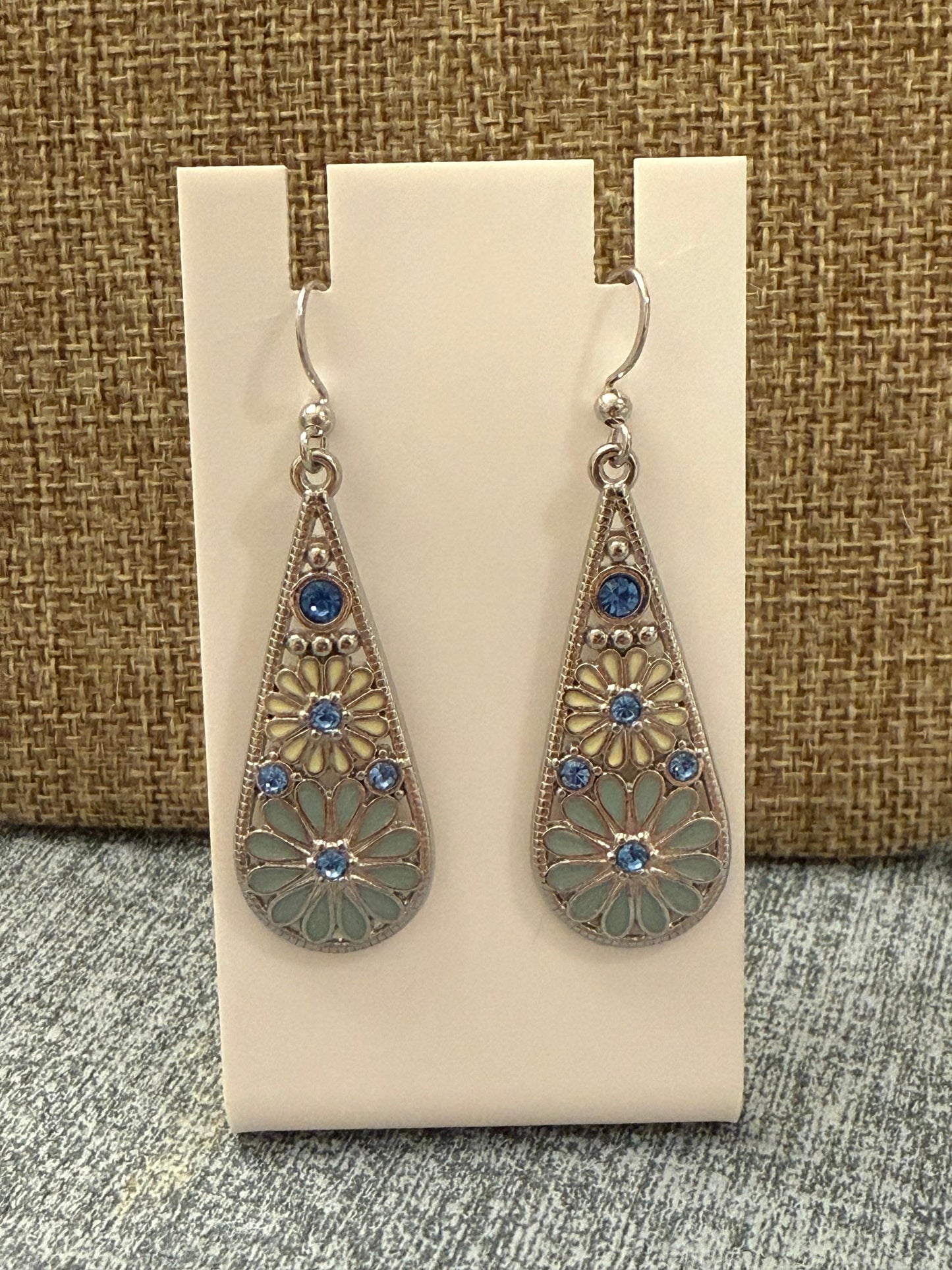 Boho Teardrop Earrings: Silver-Tone Floral Dangles with Blue Crystals