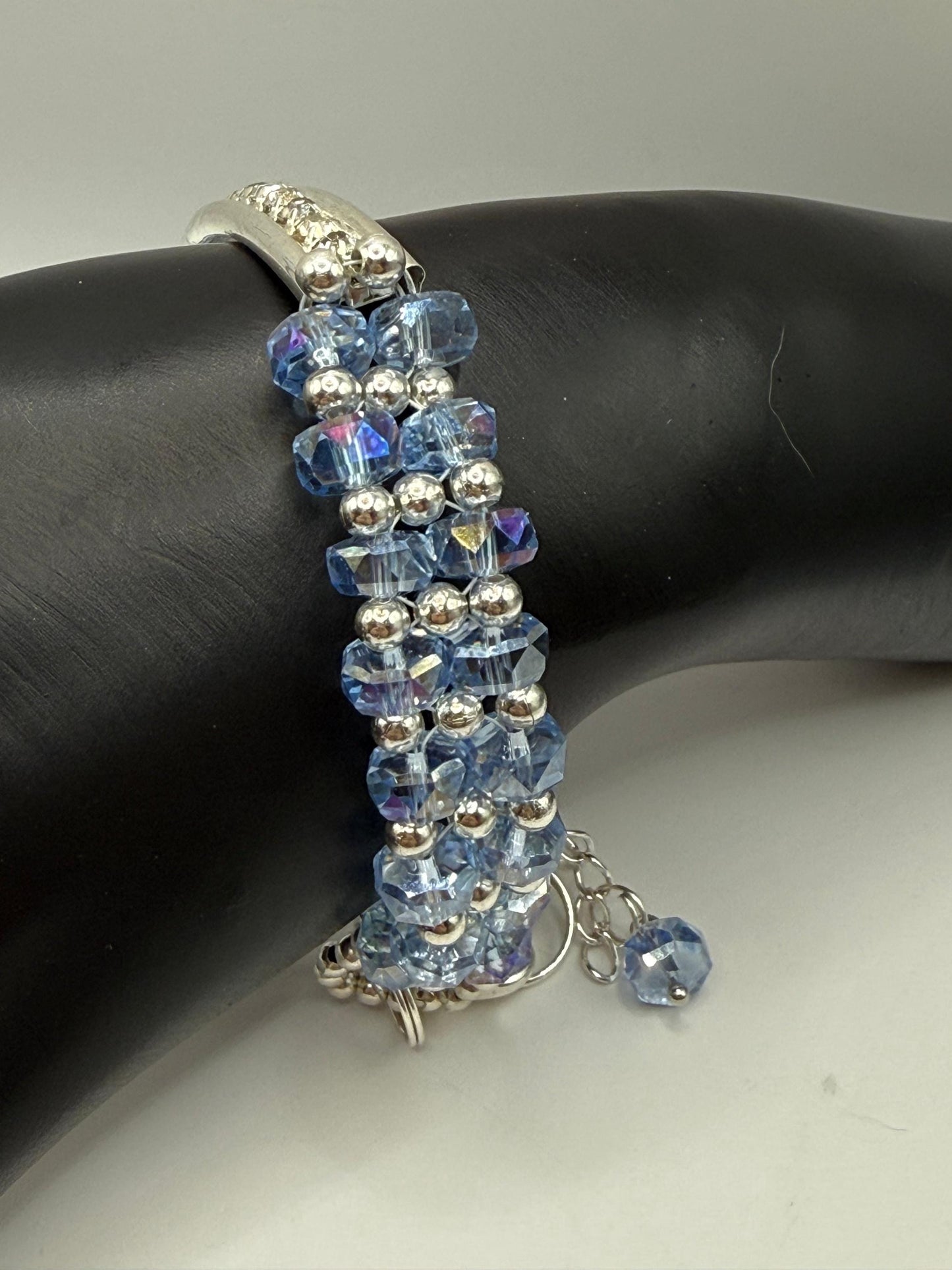 Sky Blue Crystal Bar Bracelet: Rhinestone Silver, Adjustable 7.5"