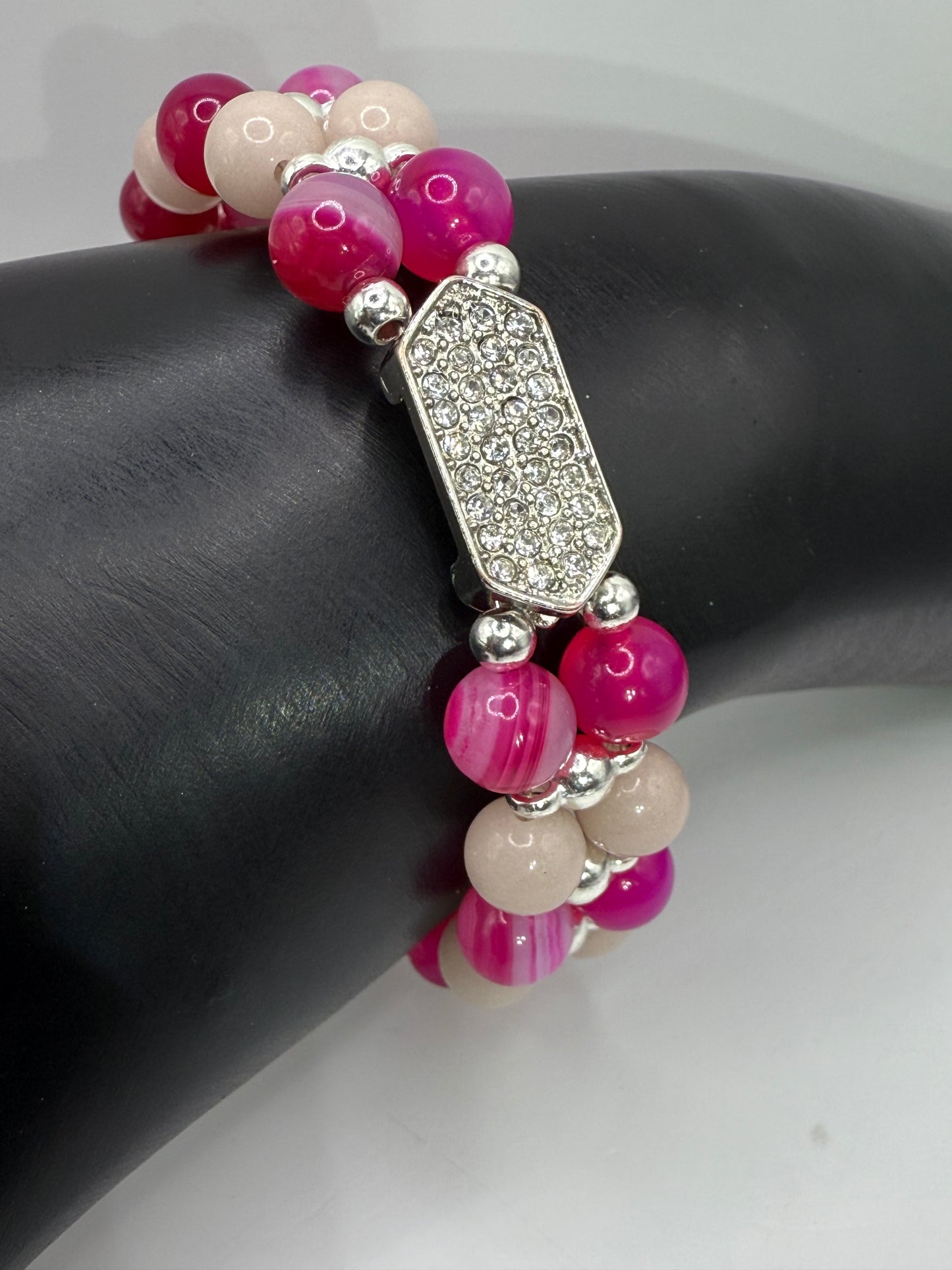 Banded Pink Agate & Luminous Stone Double Bracelet | 8ā Adjustable Glow in the Dark Jewelry