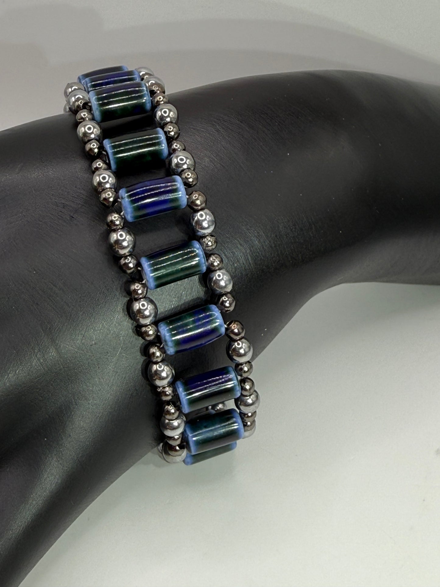 7.75” Double Banded Ceramic Tube Bead Bracelet | Blue Ceramic Beaded Jewelry | Handmade Adjustable Bracelet with Silver Accents