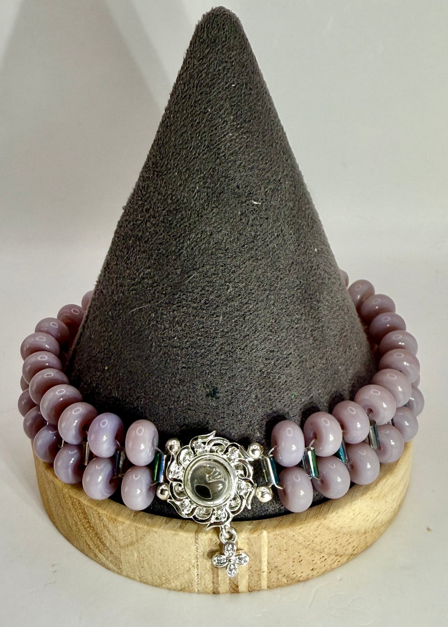 Handmade Double Band Mauve Glass Bead Clasp Bracelet – 8.25” Adjustable | Elegant Silver Floral Charm Jewelry