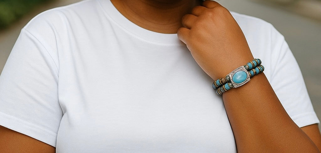Desert Jasper with Larimar Focal stretch bracelet 7.5"