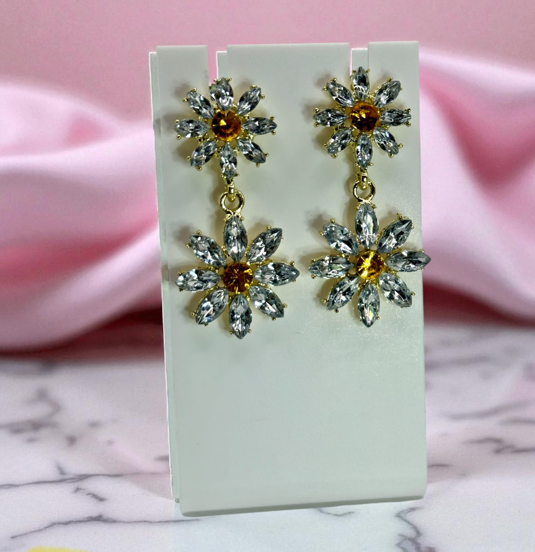 Crystal Daisy Drop Earrings – Yellow Center Flower Earrings, Sparkling Statement Jewelry