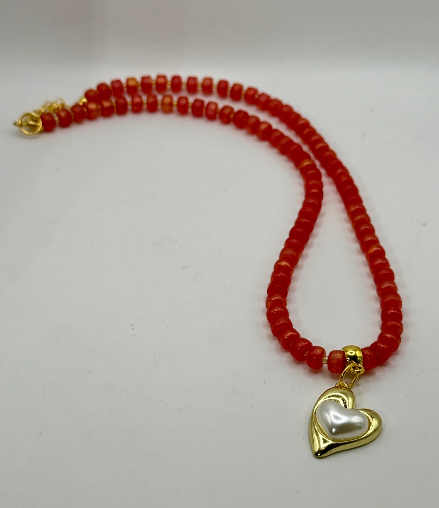 Pumpkin Glass Bead Necklace with Golden Heart Pendant – 20” Handmade Jewelry, Autumn Necklace, Romantic Gift, Fall Statement Jewelry