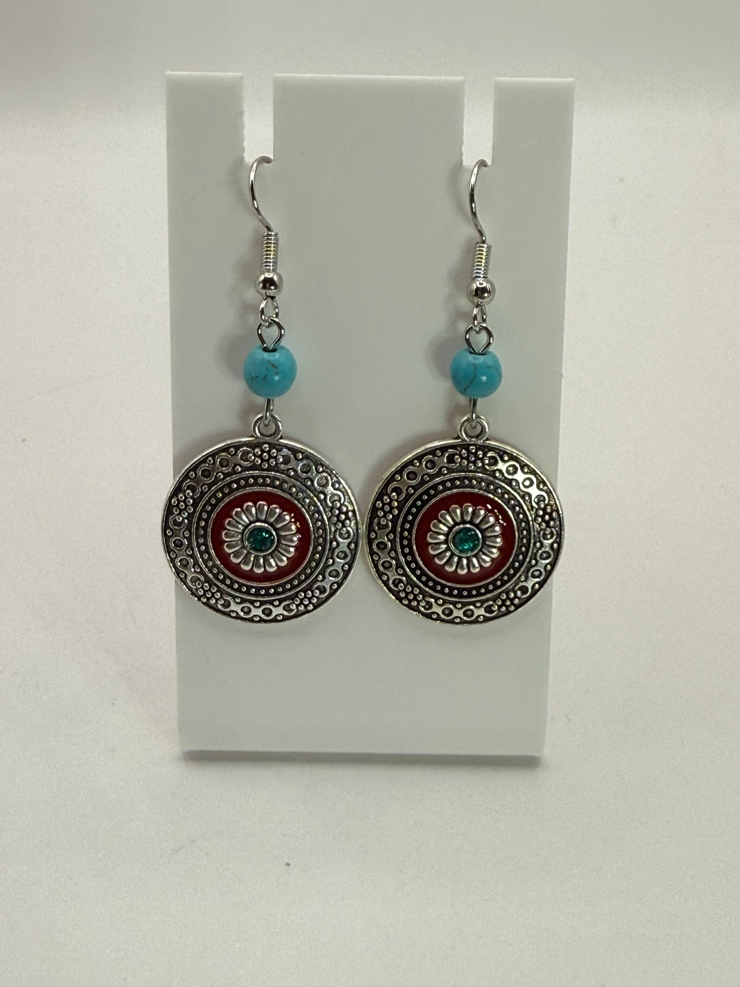 Turquoise Bead and Silver Mandala Earrings – Boho Western Dangle Jewelry