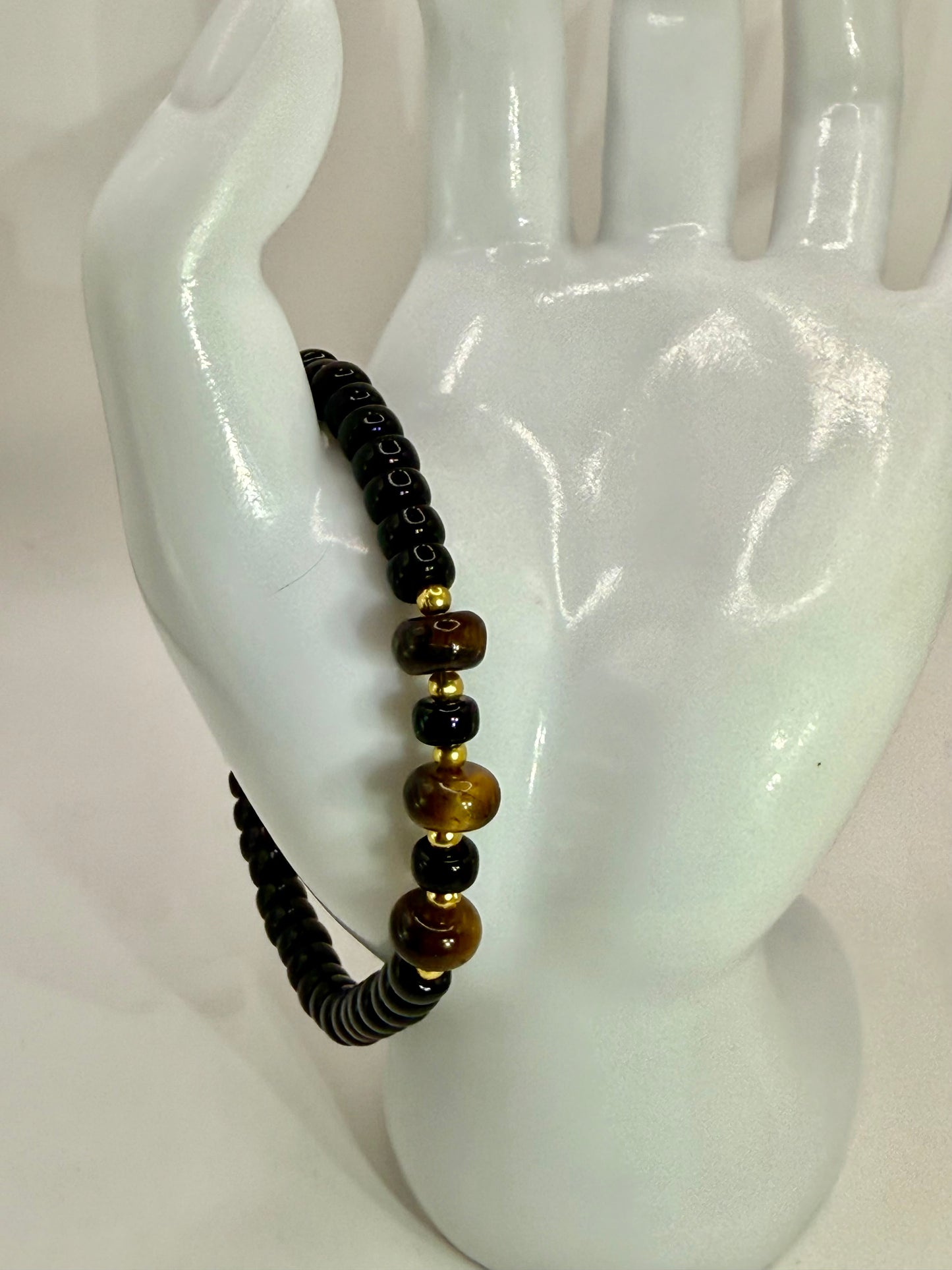 Unisex Tiger Eye & Onyx Stretch Bracelet | 7” Handmade Beaded Jewelry | Protection & Strength Gift
