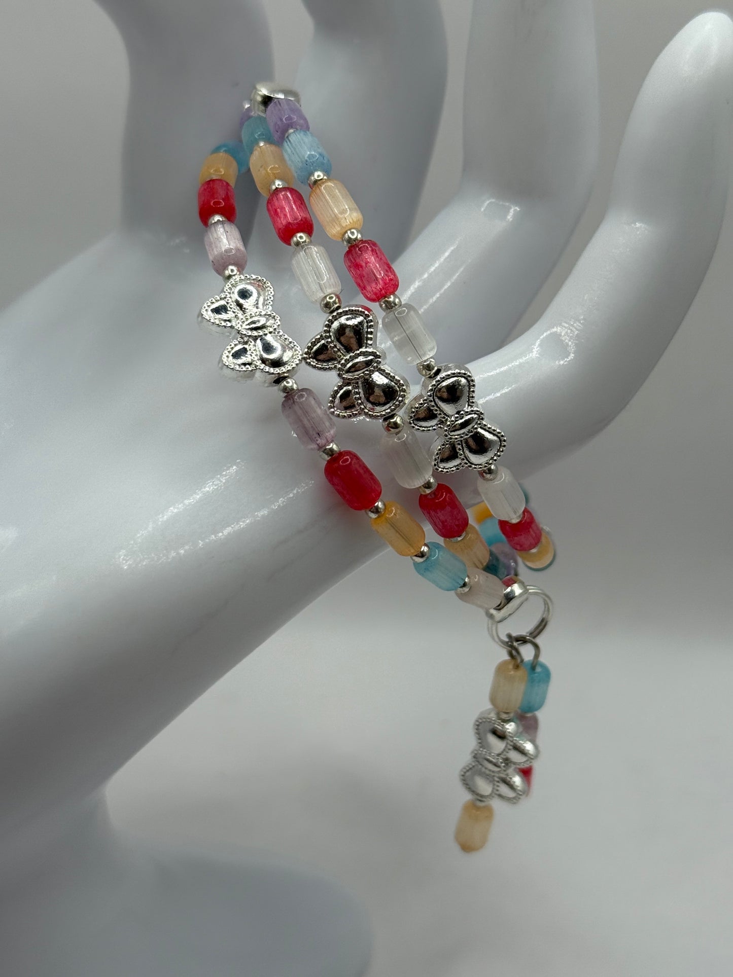 Colorful Cat Eye Beaded Wrap Bracelet with Silver Butterfly Charms | Adjustable Fit | Handmade Jewelry Gift