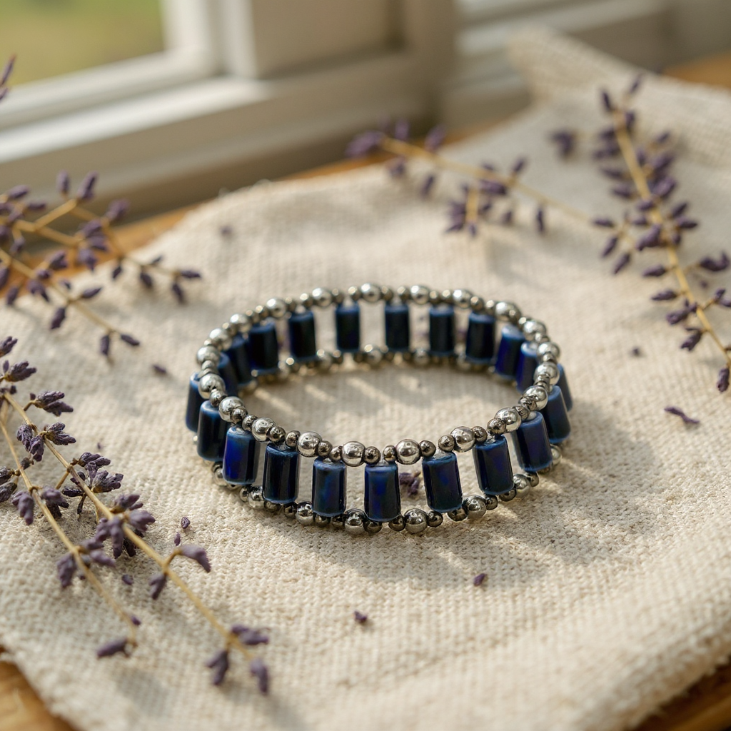7.75” Double Banded Ceramic Tube Bead Bracelet | Blue Ceramic Beaded Jewelry | Handmade Adjustable Bracelet with Silver Accents