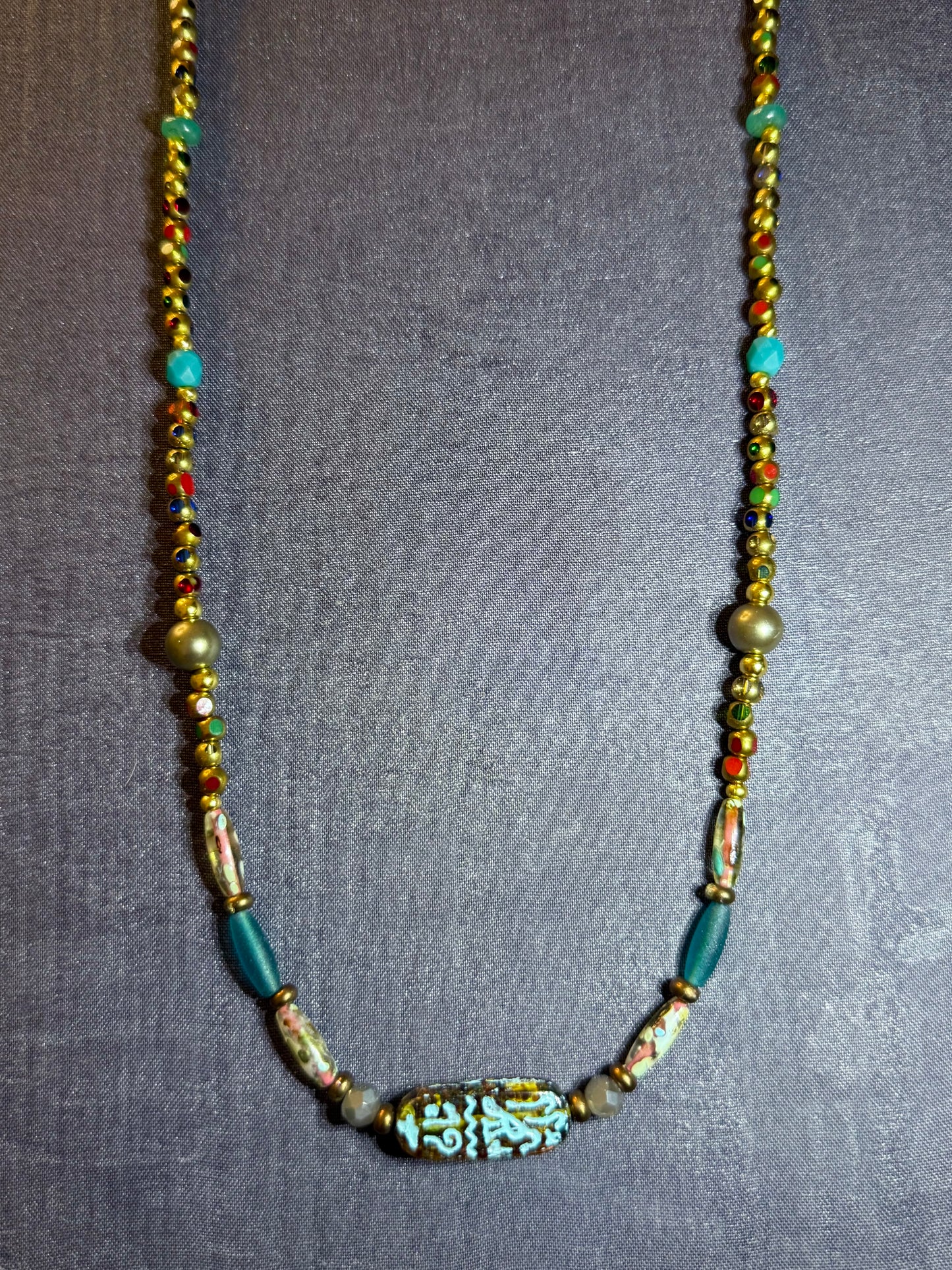 26” Multicolor Artisan Beaded Necklace with Handcrafted Focal Bead • Unique Boho Jewelry