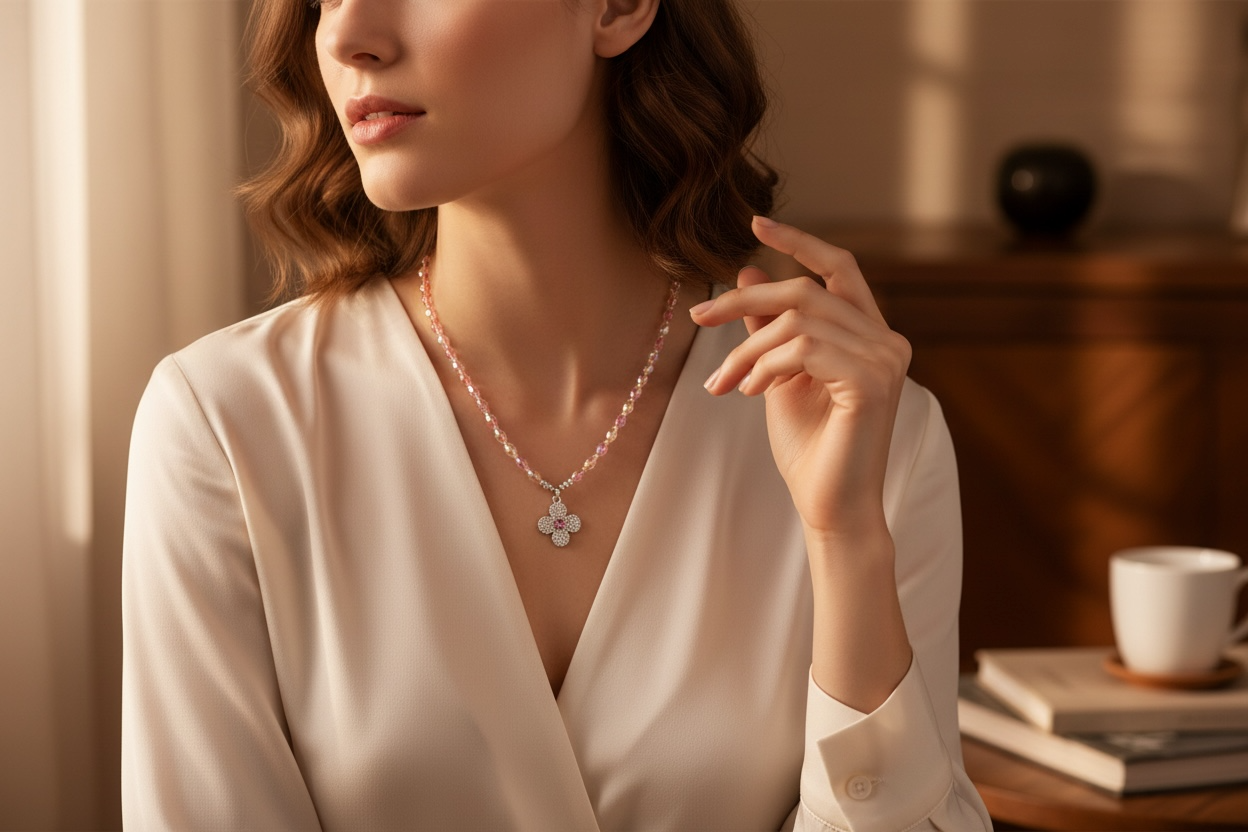 Pink Iridescent Beaded Necklace Set | 22” Necklace + Coordinating Wrap Bracelet | Floral CZ Charm
