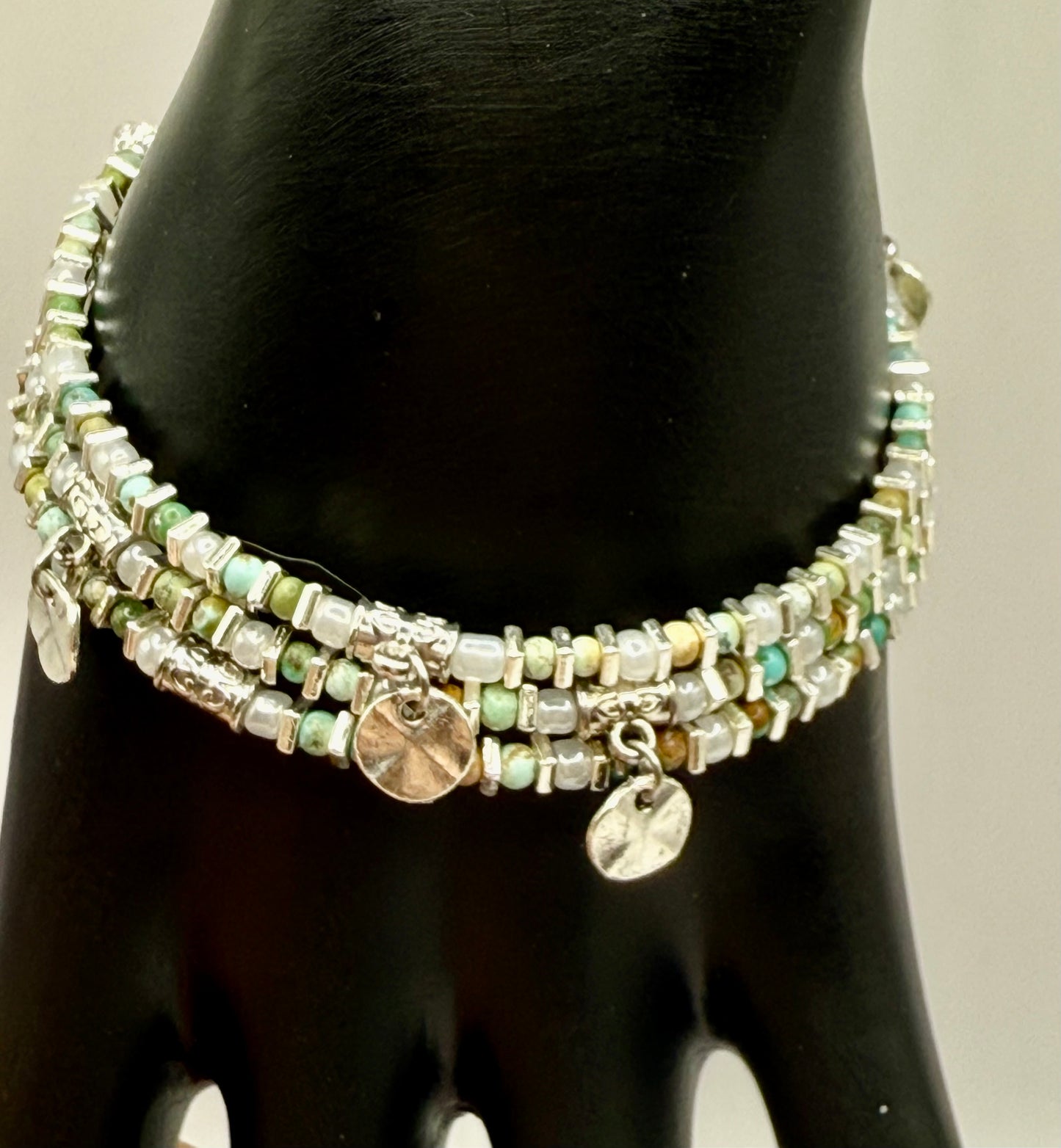 Glass Bead Wrap Bracelet with Silver Charms – Boho Layered Look, Handmade Jewelry Gift