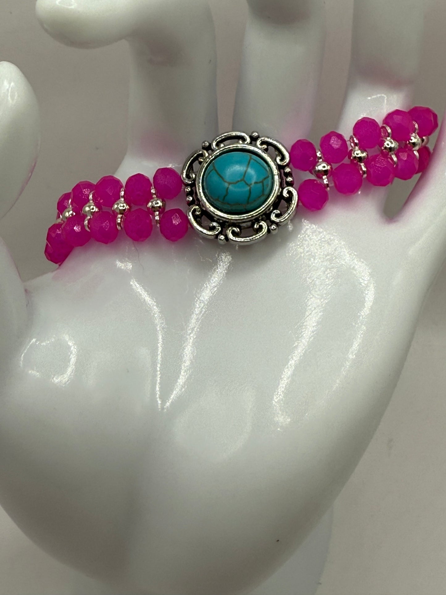 7” Hot Pink Stretch Bracelet with Howlite Centerpiece – Handmade Bold Beaded Jewelry