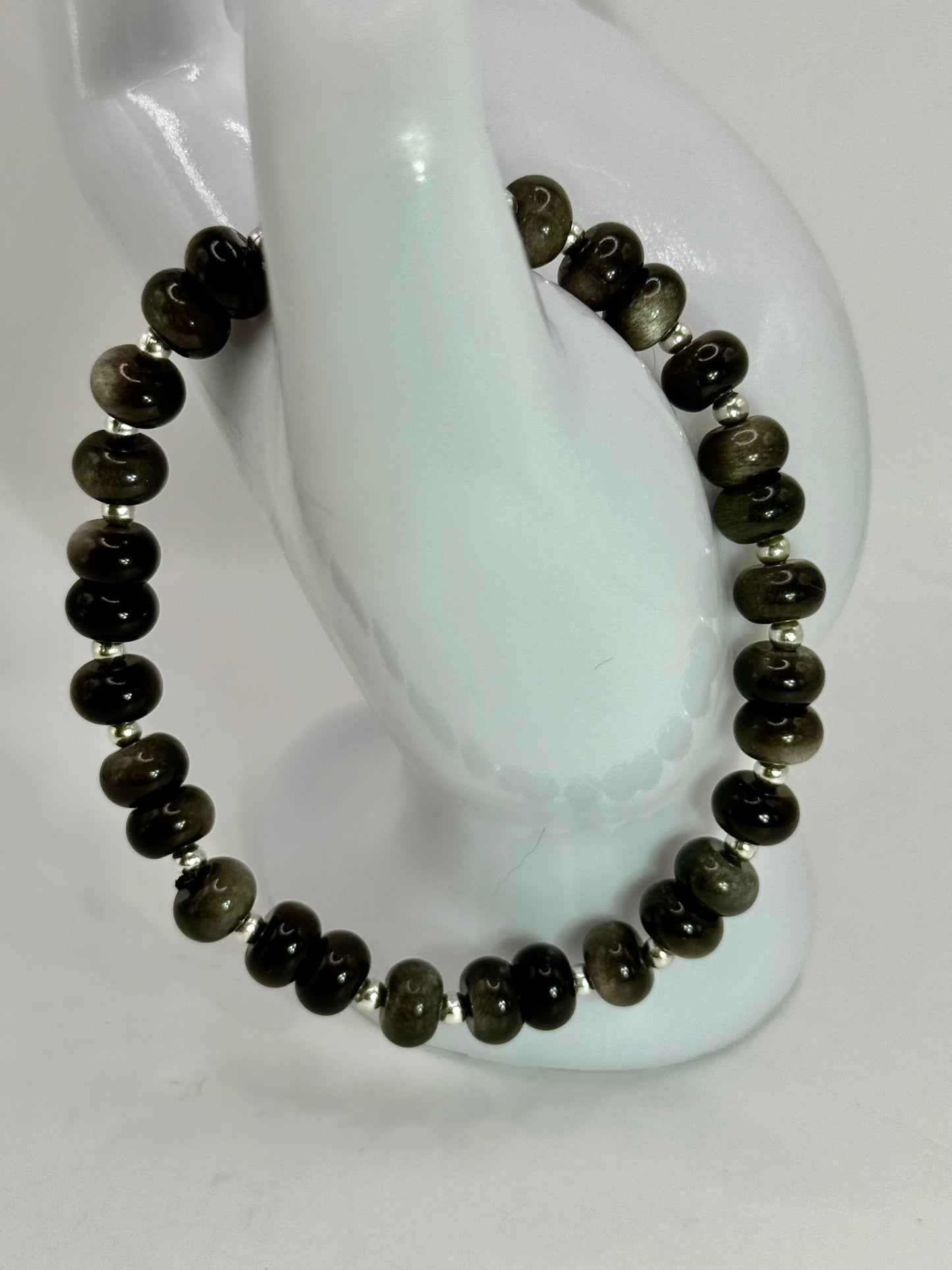 Silver Obsidian Bracelet – 7.5" Stretch Gemstone Bracelet – Unisex Protection Jewelry – Handmade Crystal Beaded Bracelet