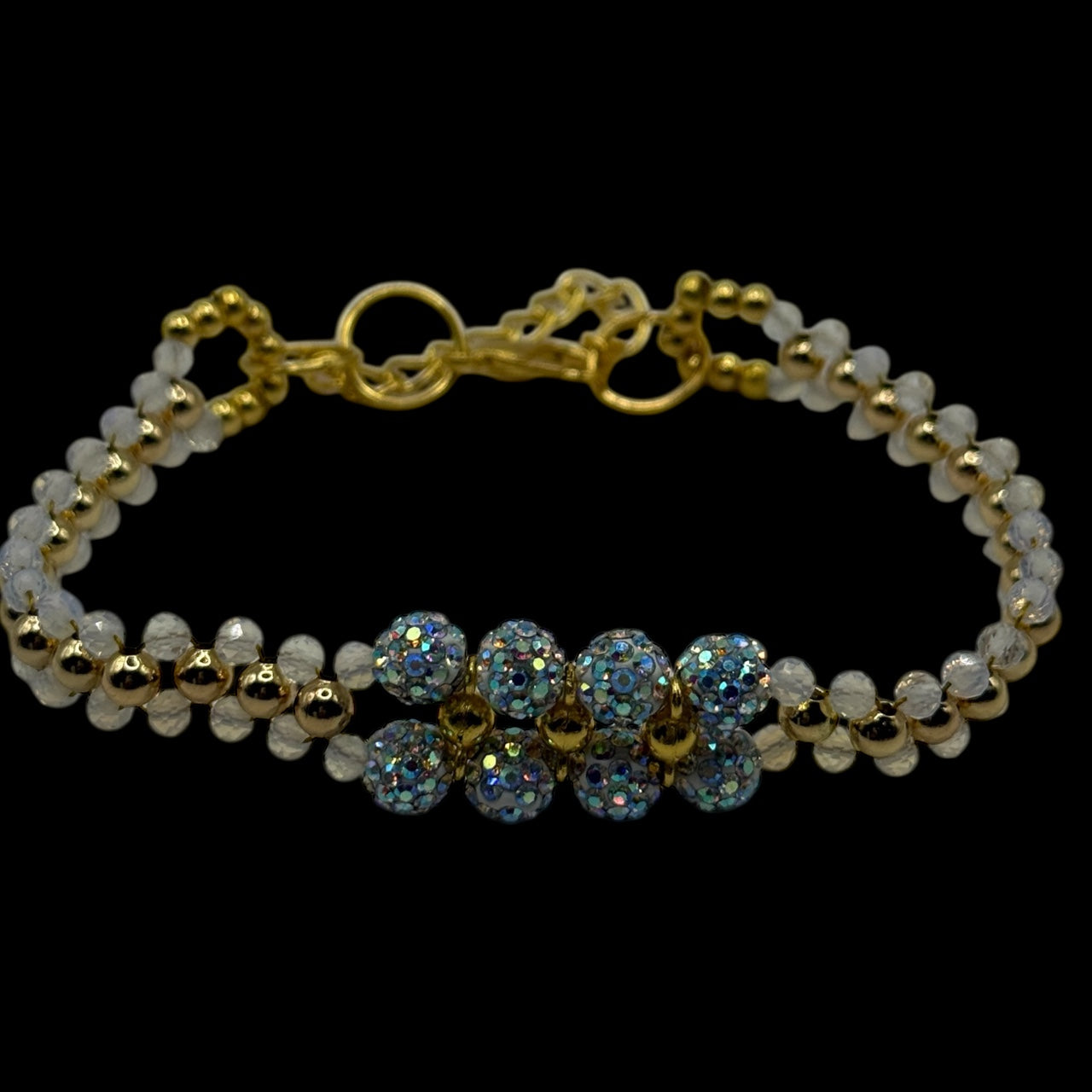 Opalite Beaded Double Band Bracelet – 7” Adjustable Clasp | Dainty Gold & Iridescent Sparkle Jewelry | Handmade Gift