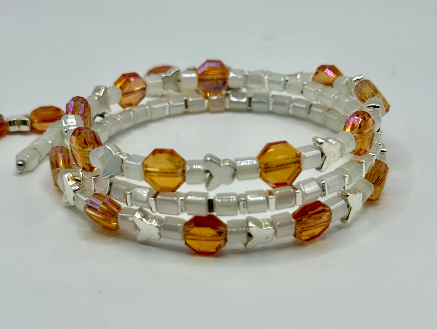 Amber & Ivory Beaded Wrap Bracelet | Butterfly Accent | Handmade Coil Bracelet | Adjustable One-Size Fits Most | Fall Jewelry Gift