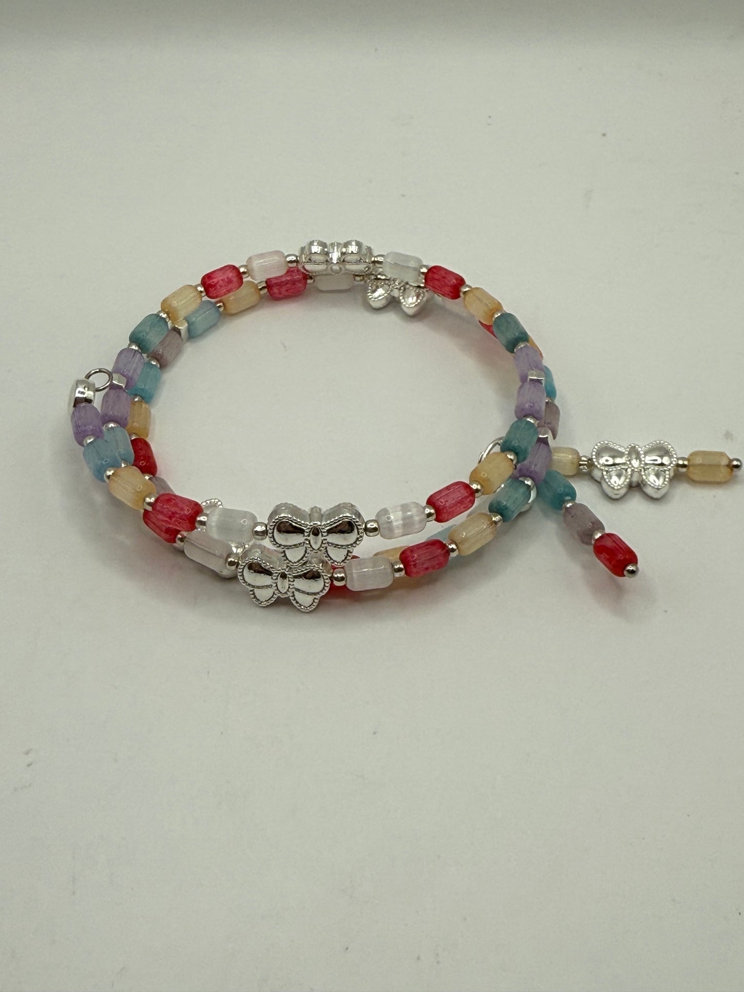 Colorful Cat Eye Beaded Wrap Bracelet with Silver Butterfly Charms | Adjustable Fit | Handmade Jewelry Gift