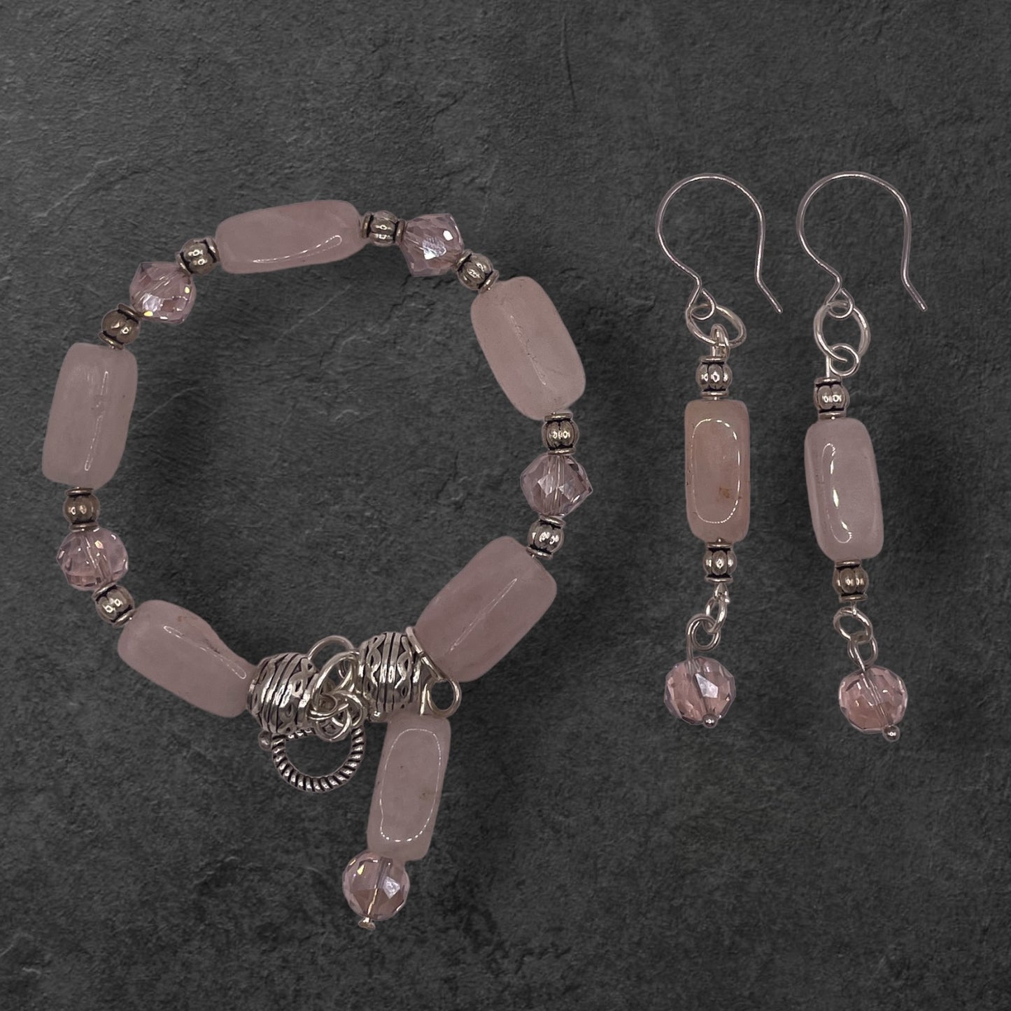 Rose Quartz and Silver wire bracelet with matching earrings 7.5”