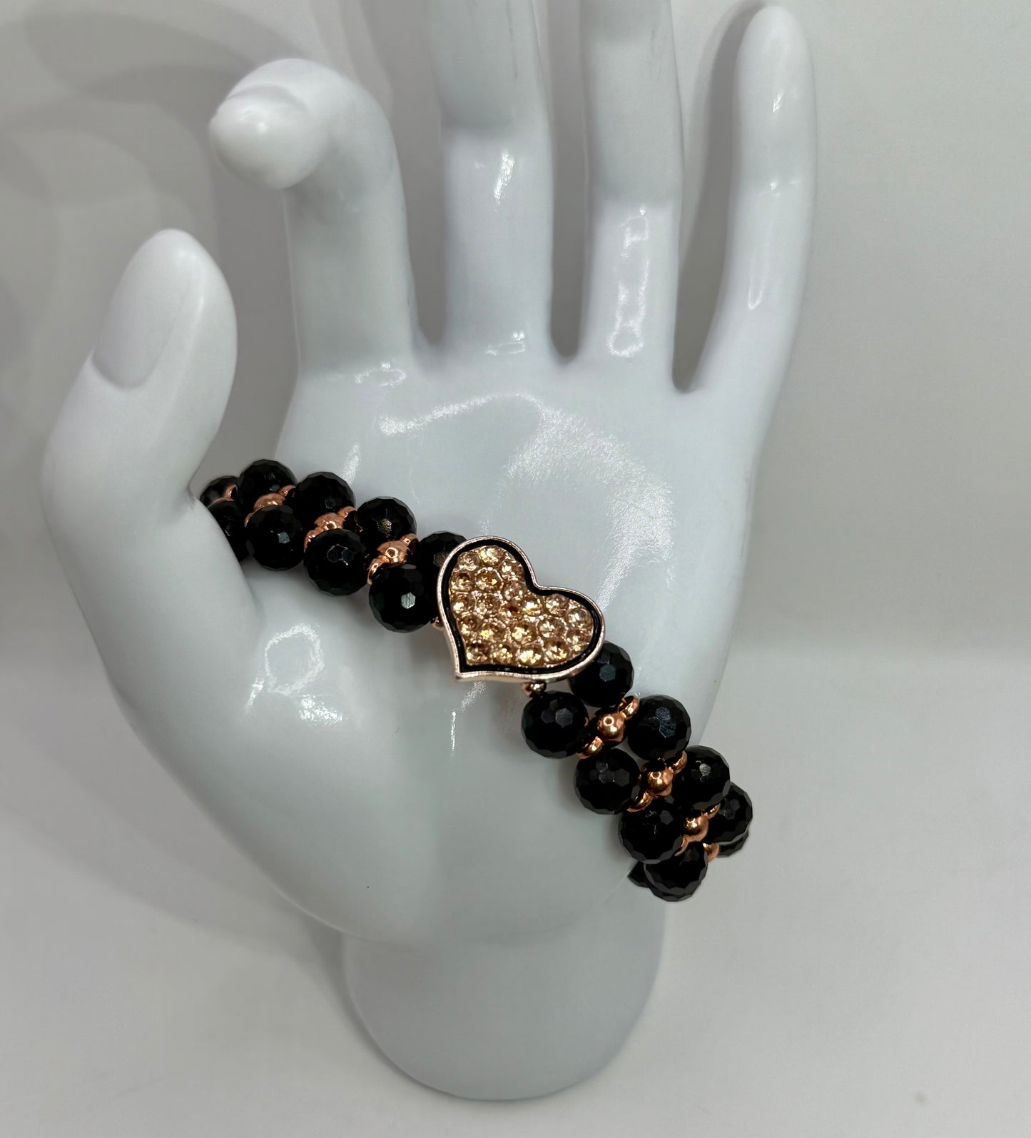Black Agate and Rose Gold Bracelet – 8” Faceted Gemstone Bracelet with Pavé Crystal Heart Focal, Elegant Handmade Jewelry Gift for Her