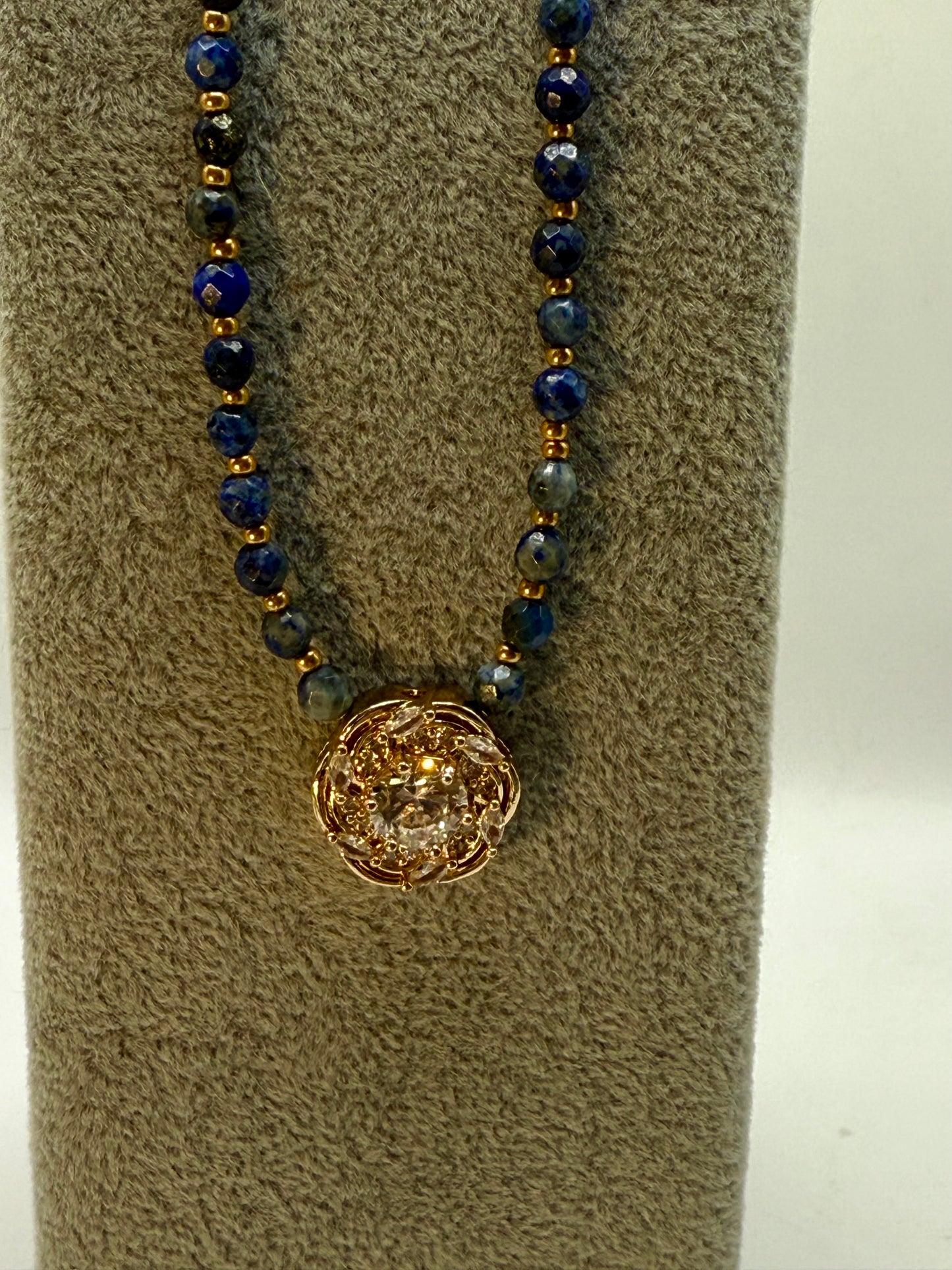 20” Lapis Lazuli Necklace with Gold Crystal Focal Pendant | Handmade Gemstone Jewelry | Elegant Blue Beaded Necklace for Women