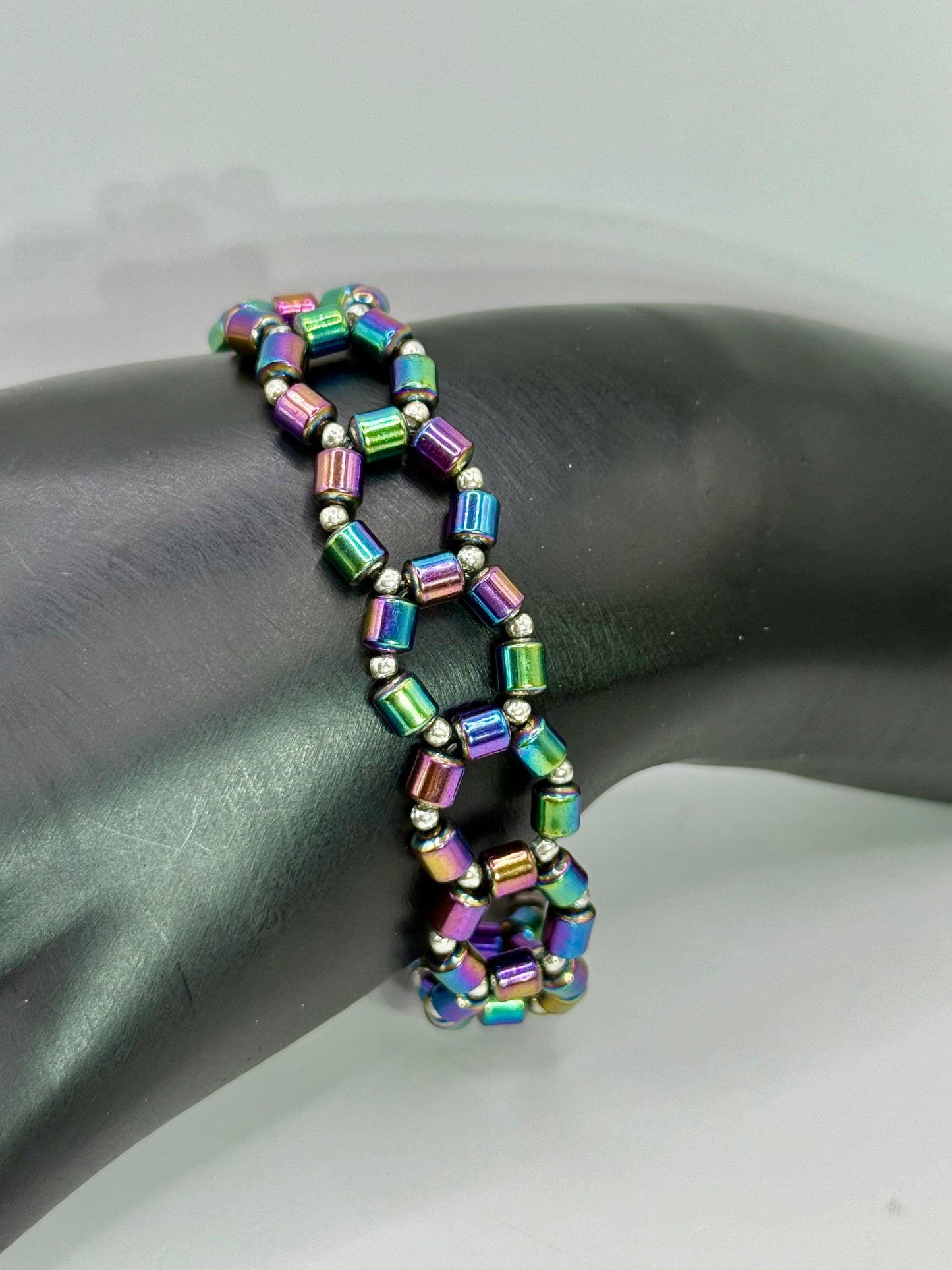 Rainbow Hematite Geometric Bracelet – 7.75” Handmade Beaded Jewelry, Unisex Colorful Bracelet, Unique Gift for Her or Him