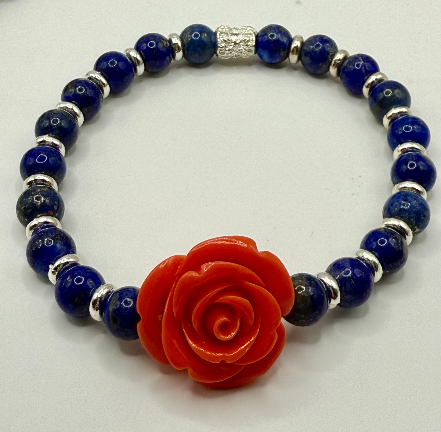 Floral Beaded Bracelets with Rose Focal – Choose Purple Amethyst, Yellow Jade, or Blue Lapis (3 options/sizes)