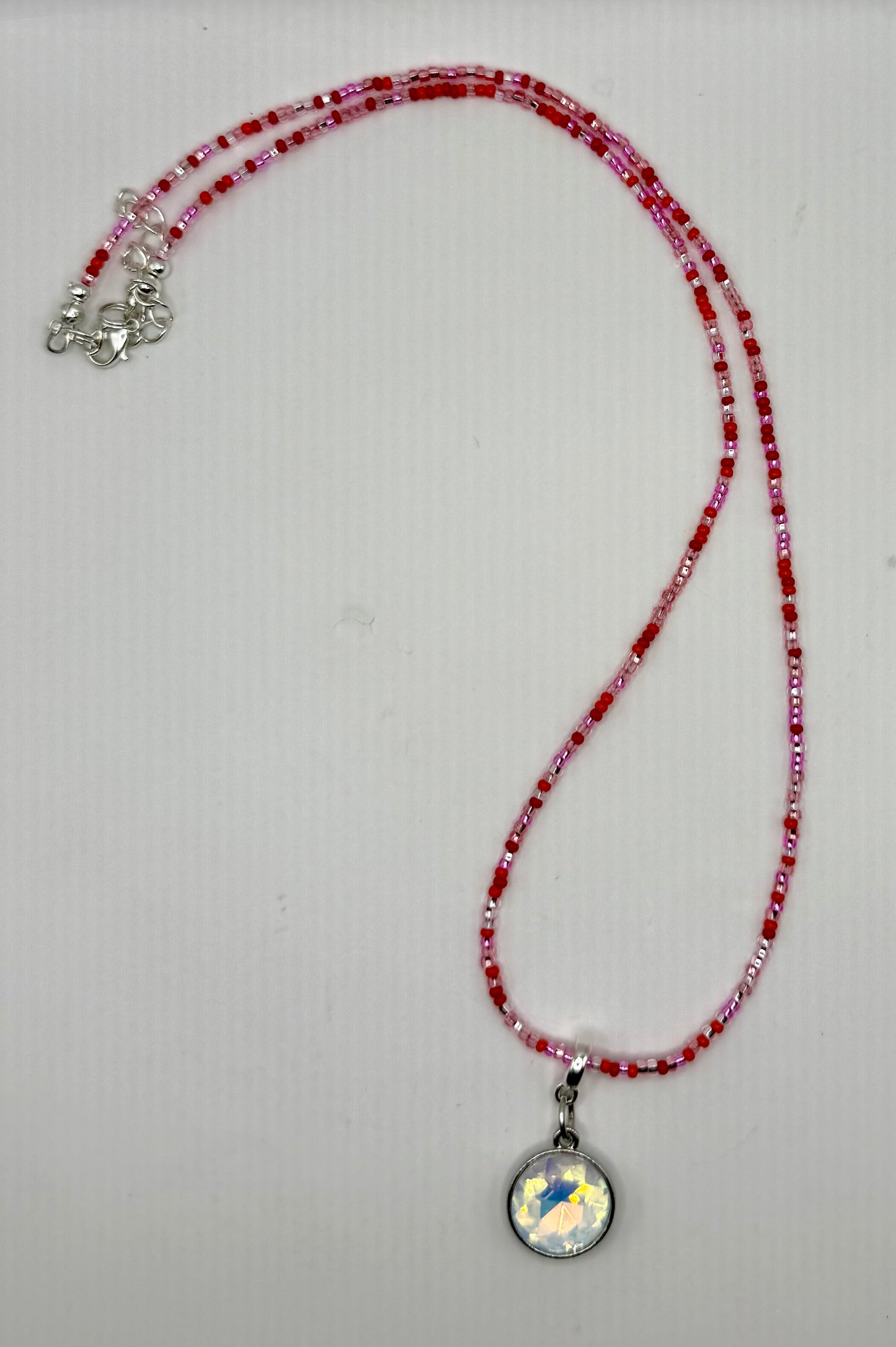 20” Delicate Czech Glass Beaded Necklace with Iridescent Pendant – Handmade Boho Jewelry