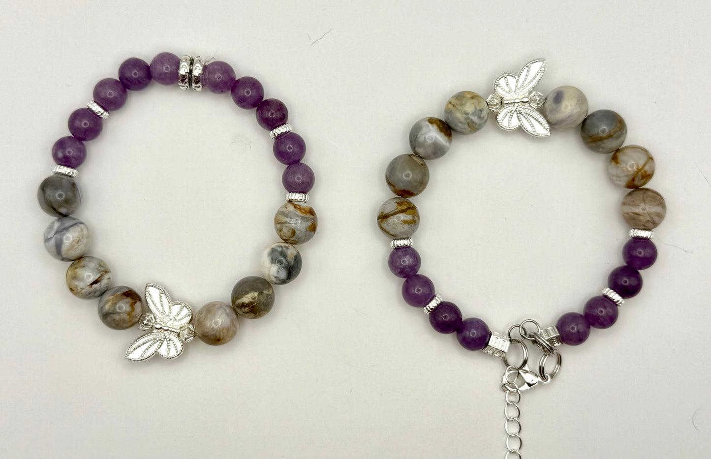 Amethyst Agate and Amethyst Butterfly Bracelets 7.5" Wired and Stretch
