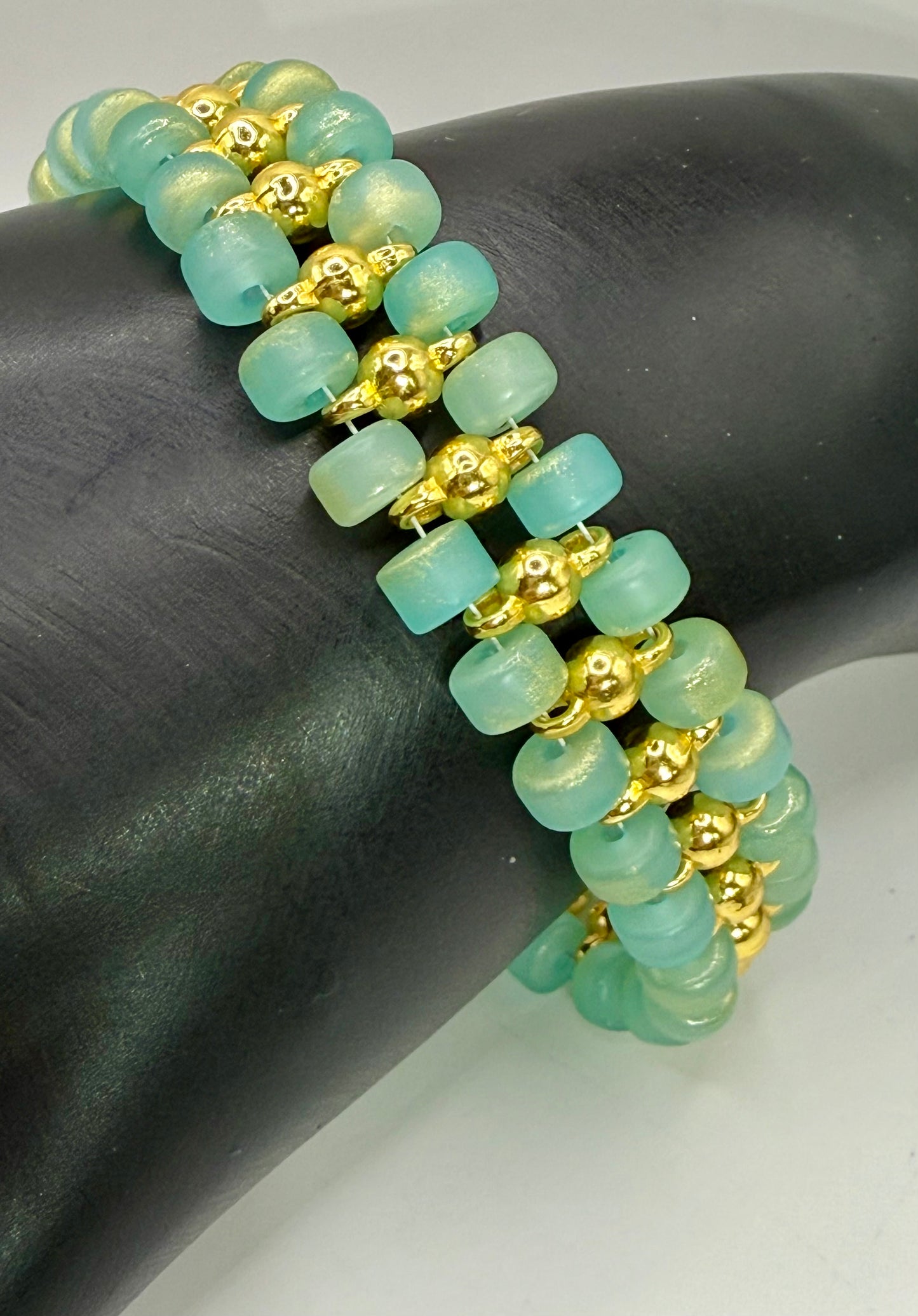 Aqua Blue and Gold Beaded Bracelet – 8” Handmade Glass Bead Bracelet with Gold Accents – Elegant Statement Jewelry
