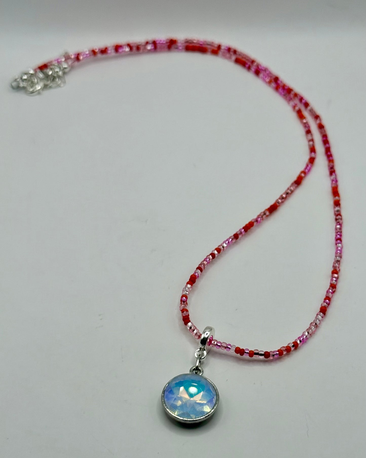 20” Delicate Czech Glass Beaded Necklace with Iridescent Pendant – Handmade Boho Jewelry