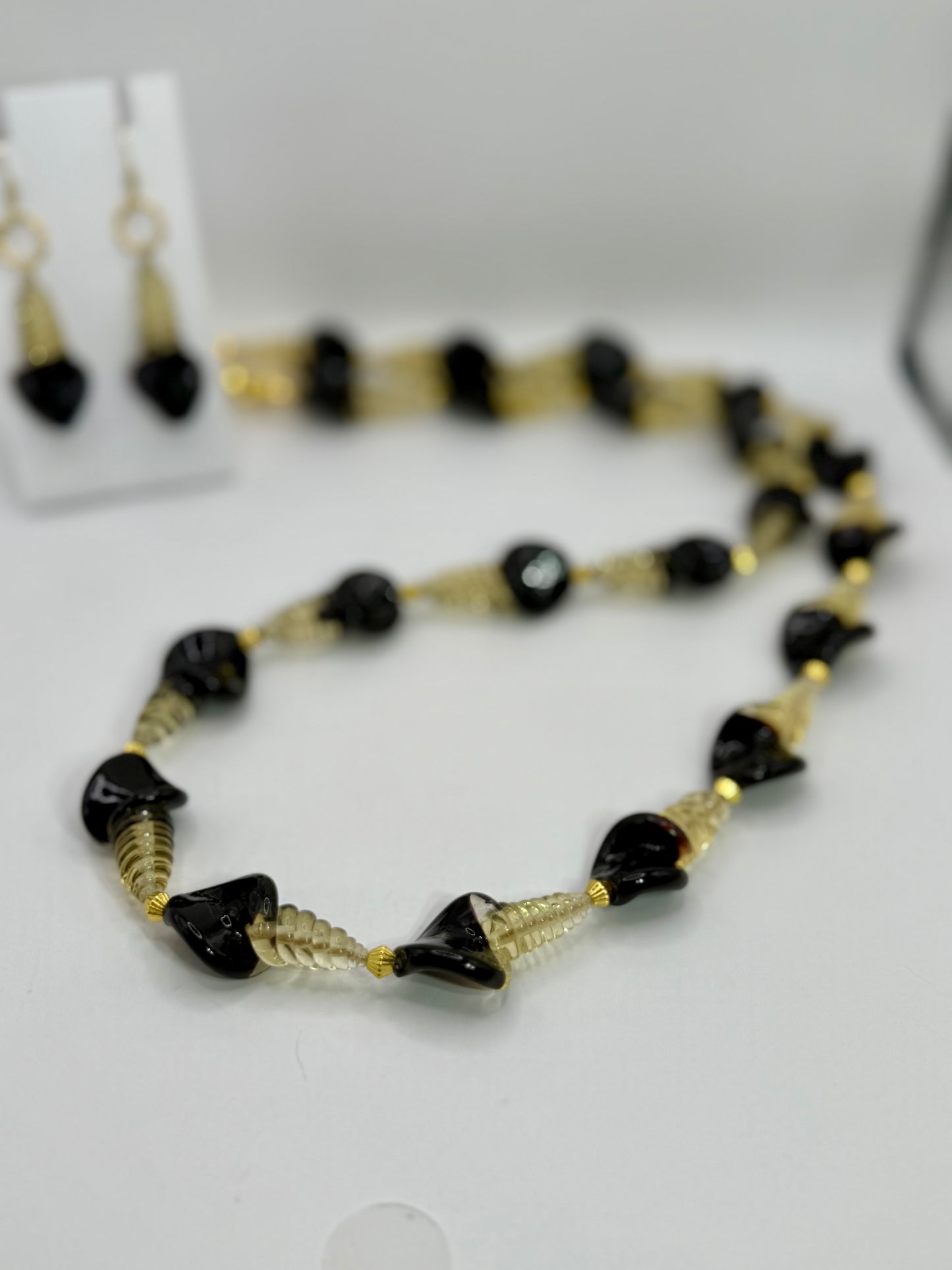 Timeless Black and Gold Necklace Set – 22” Elegant Statement Necklace with Matching Earrings, Handmade Beaded Jewelry, Gift for Her