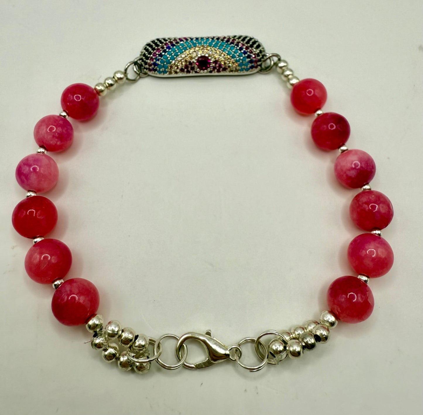 8” Pink Jade Beaded Bracelet with Sparkling Rainbow Focal | Handmade Gemstone Bracelet with Clasp | Gift for Her | Pink Crystal Jewelry