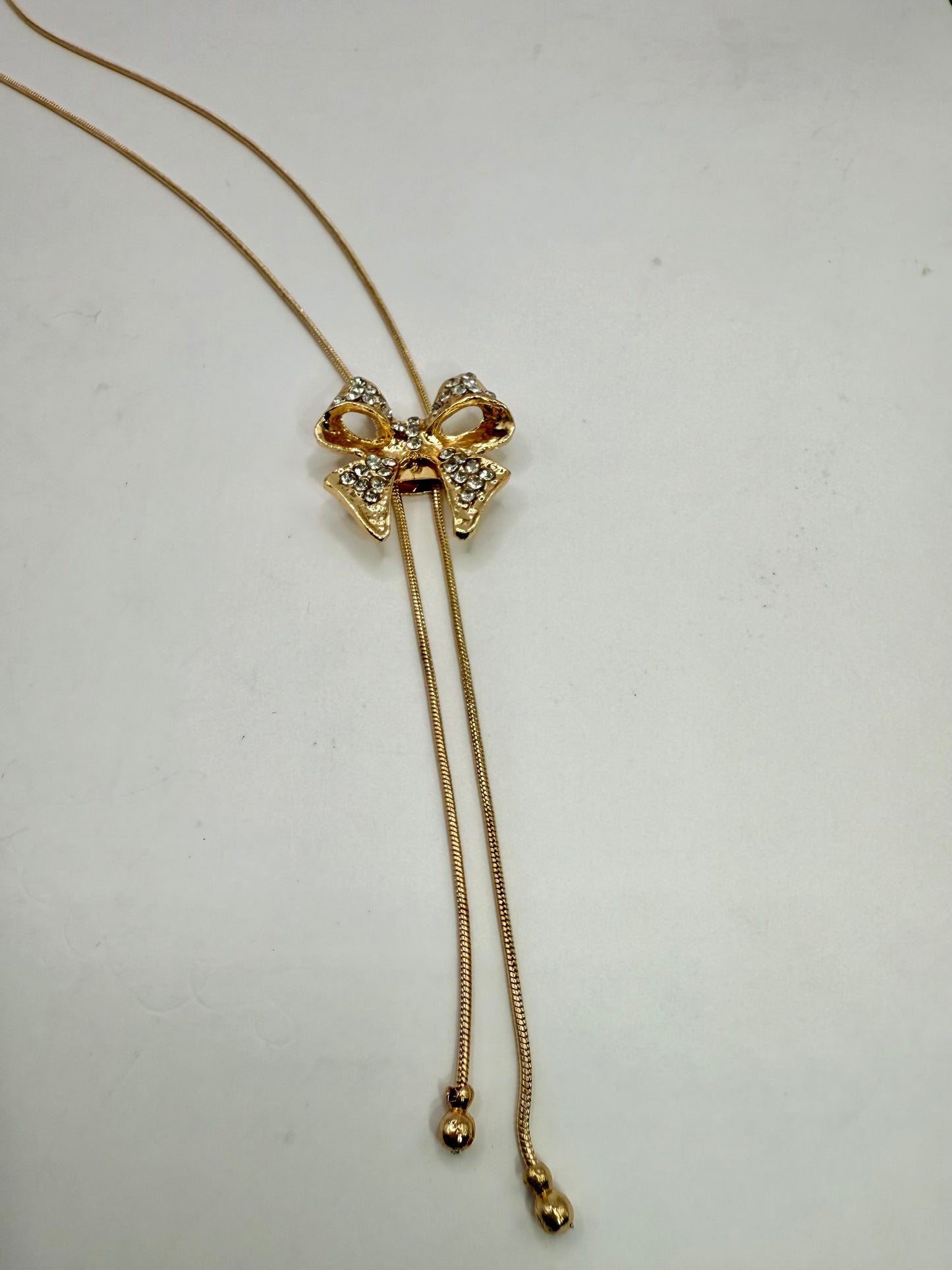 Crystal Bow Pendant Necklace – 22” Gold Chain, Sparkling Ribbon Necklace, Elegant Gift for Her
