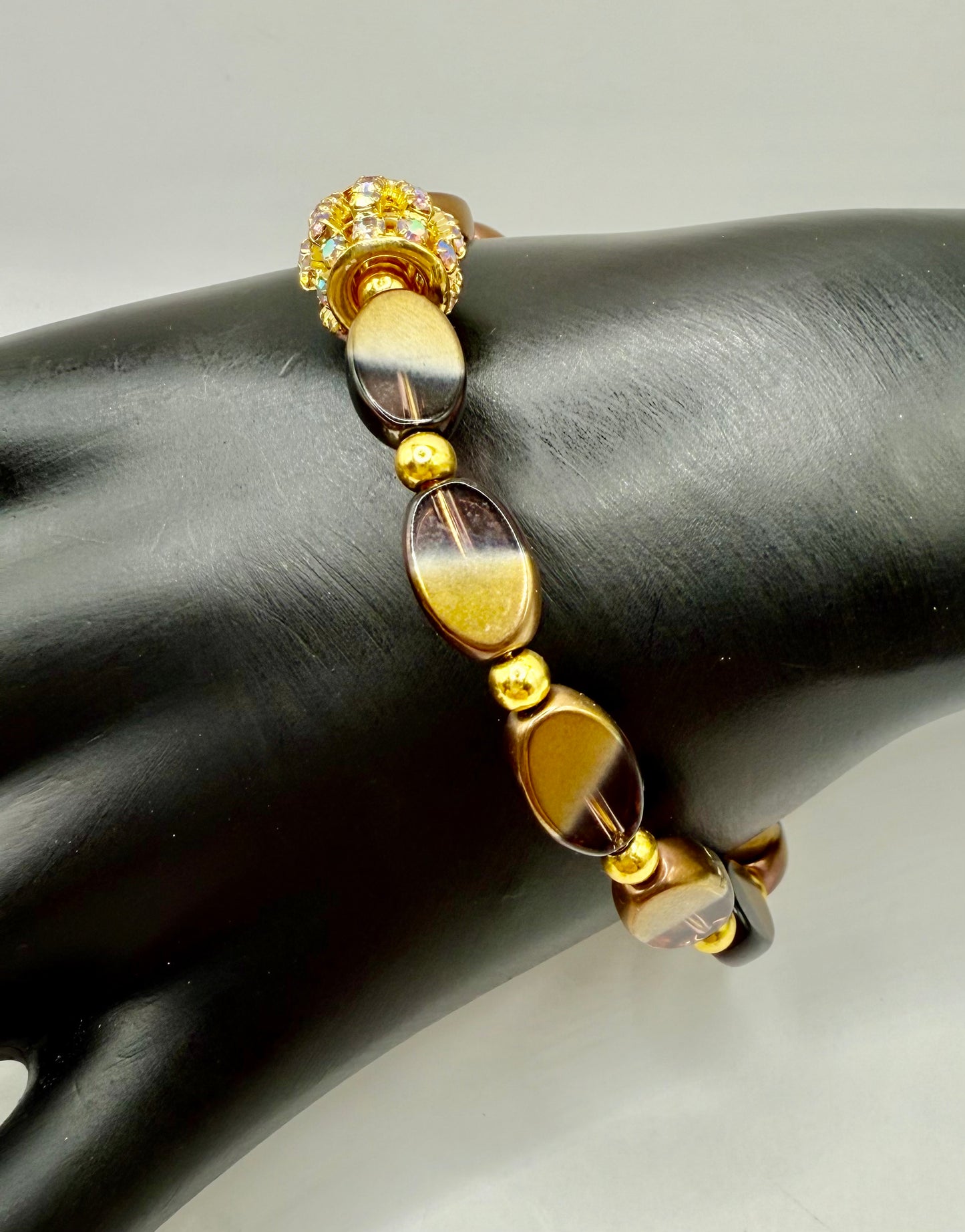 7.5” Gold and Purple Glass Bead Bracelet with Crystal Focal – Handmade Elegant Jewelry Gift