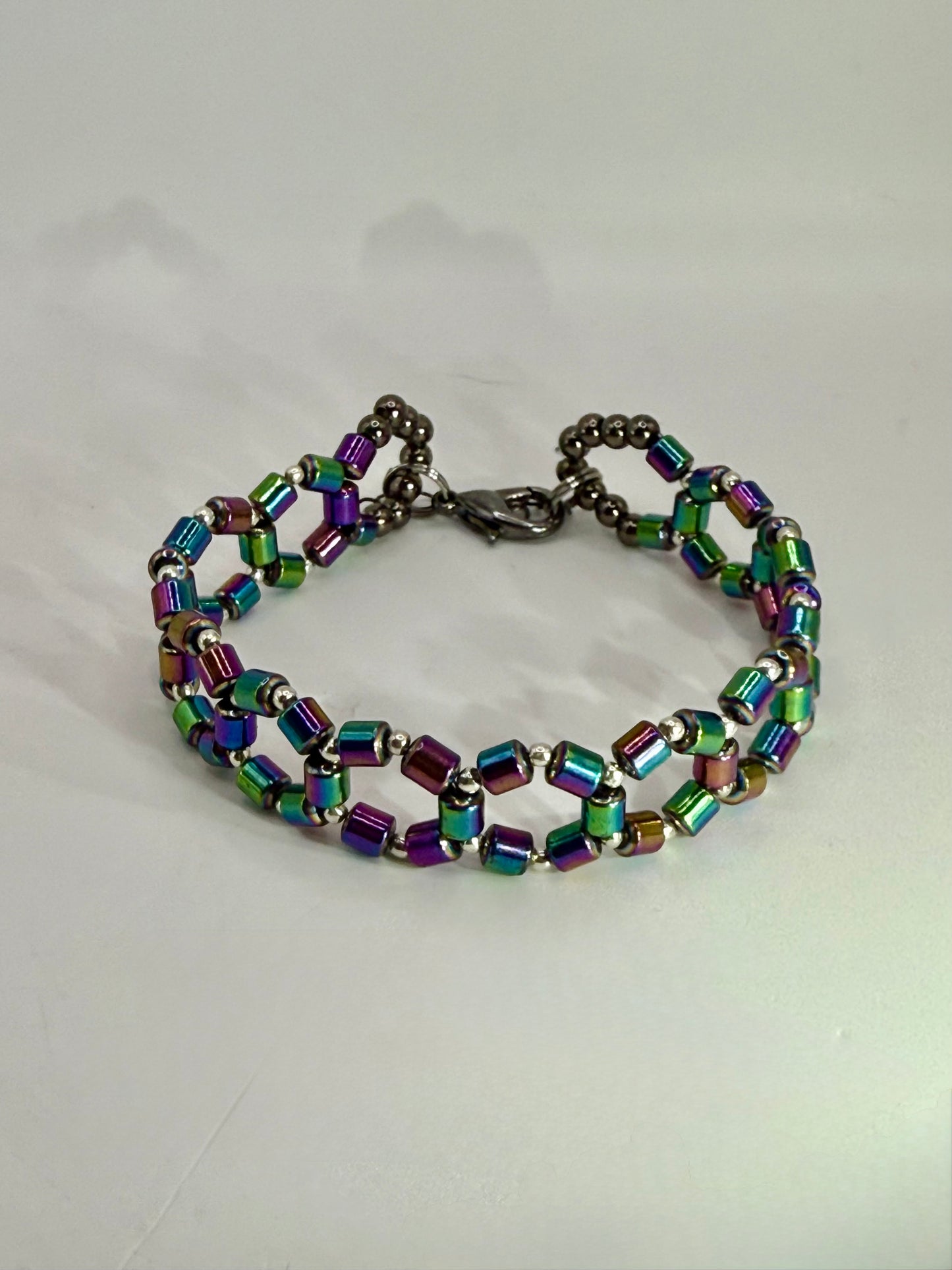 Rainbow Hematite Geometric Bracelet – 7.75” Handmade Beaded Jewelry, Unisex Colorful Bracelet, Unique Gift for Her or Him