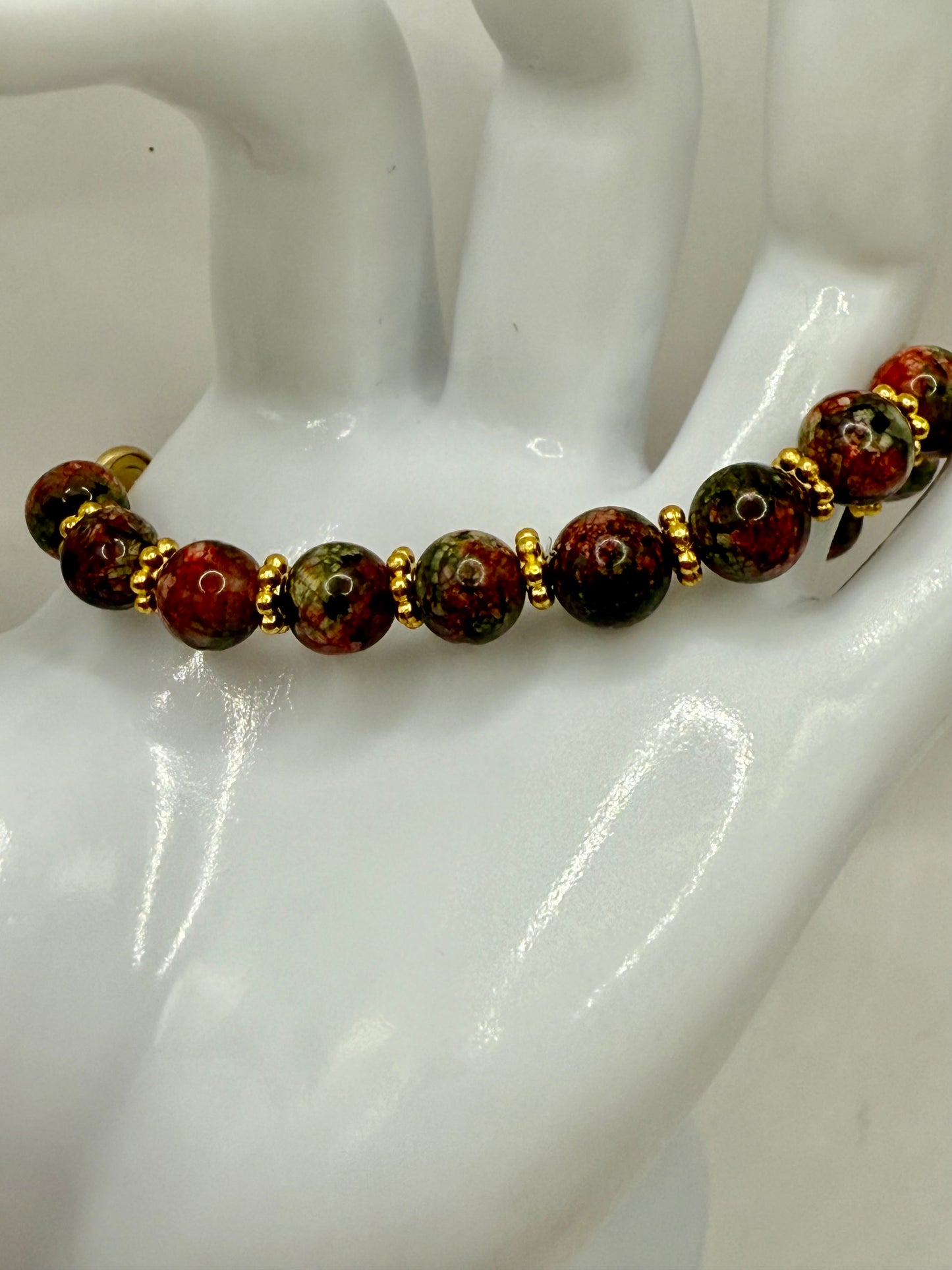 7.5” Unakite Gemstone Bracelet with Unique Snap Clasp | Handmade Boho Jewelry | Green & Pink Earthy Tones