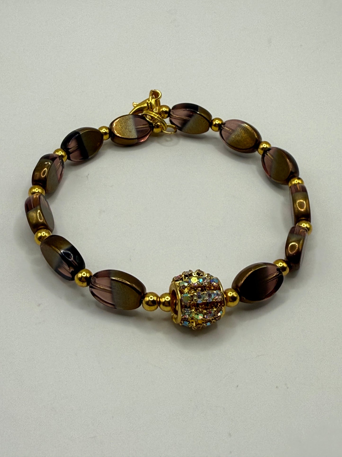 7.5” Gold and Purple Glass Bead Bracelet with Crystal Focal – Handmade Elegant Jewelry Gift