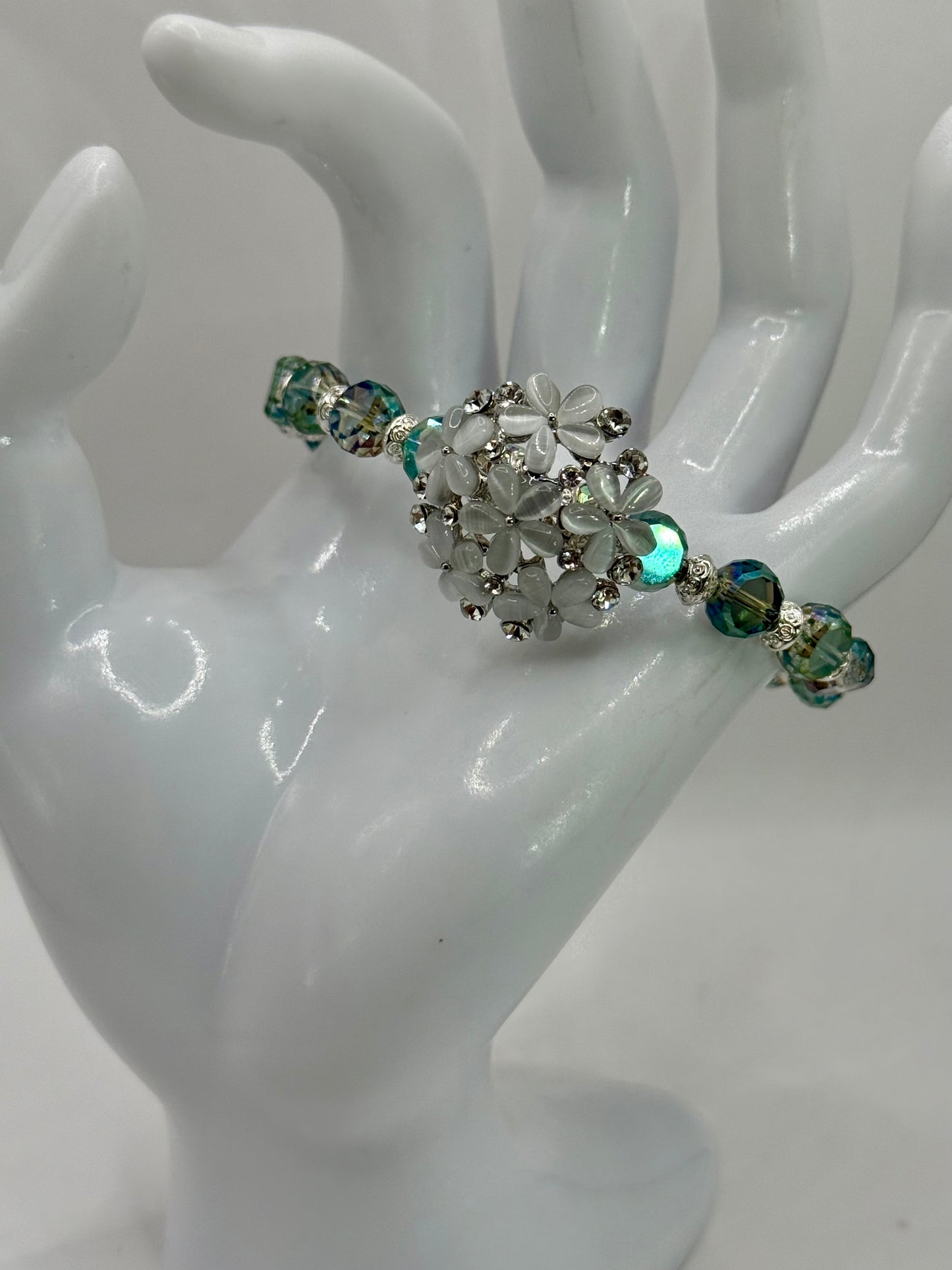 White Floral Crystal Bracelet – 7.5” Beaded Clasp Bracelet | Handmade Jewelry | Sparkling Gift for Her