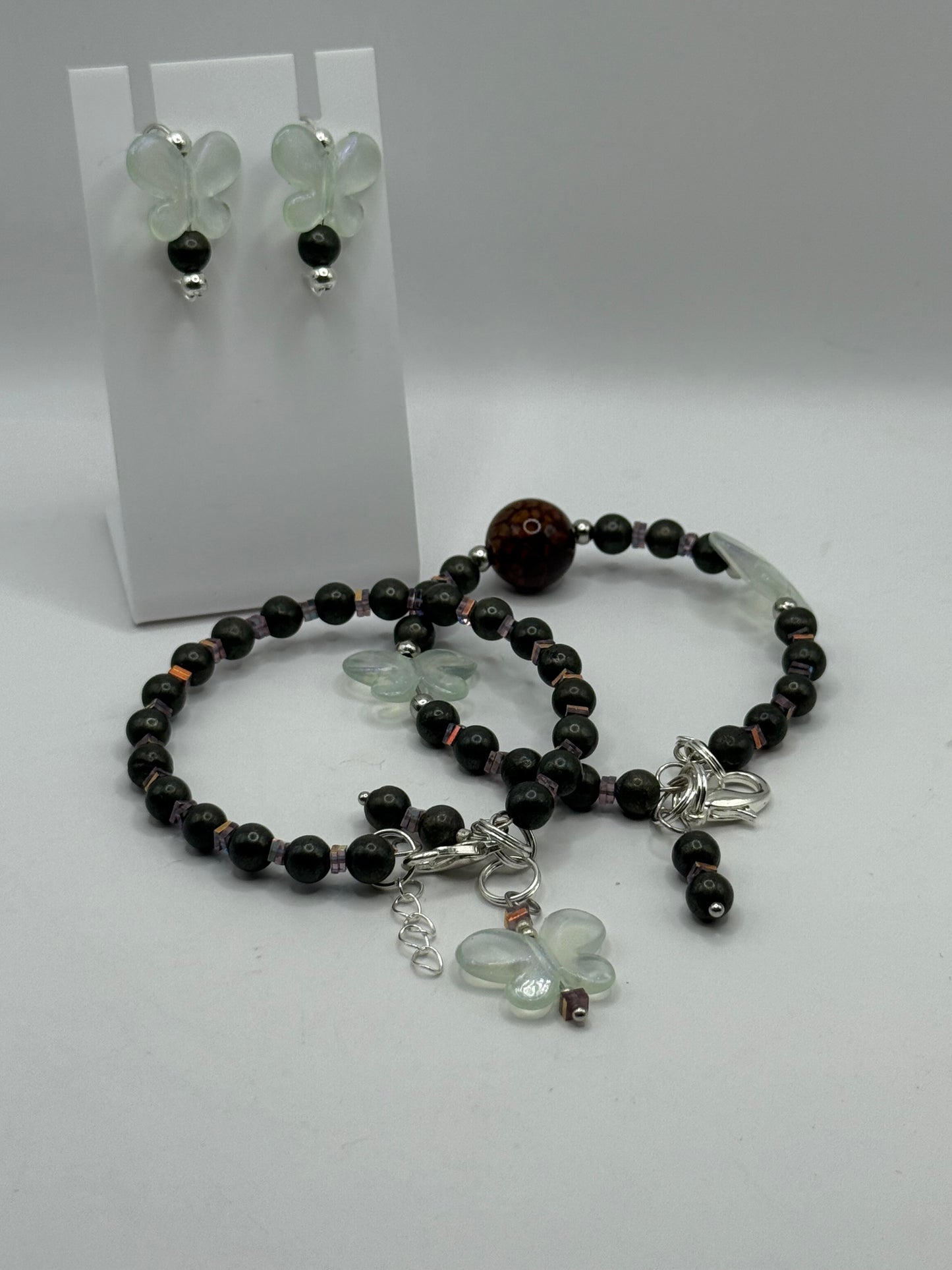7.5” Dragon Vein Agate and Pyrite Bracelet Set with Iridescent Butterfly Charms | Handmade Gemstone Jewelry + Free Matching Earrings