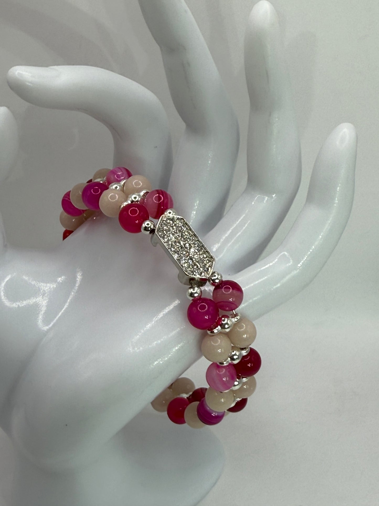 Banded Pink Agate & Luminous Stone Double Bracelet | 8ā Adjustable Glow in the Dark Jewelry