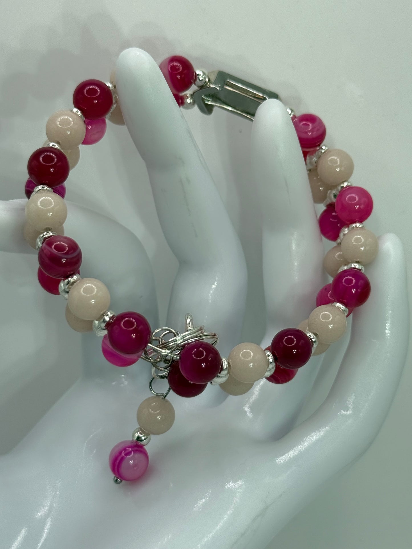 Banded Pink Agate & Luminous Stone Double Bracelet | 8ā Adjustable Glow in the Dark Jewelry